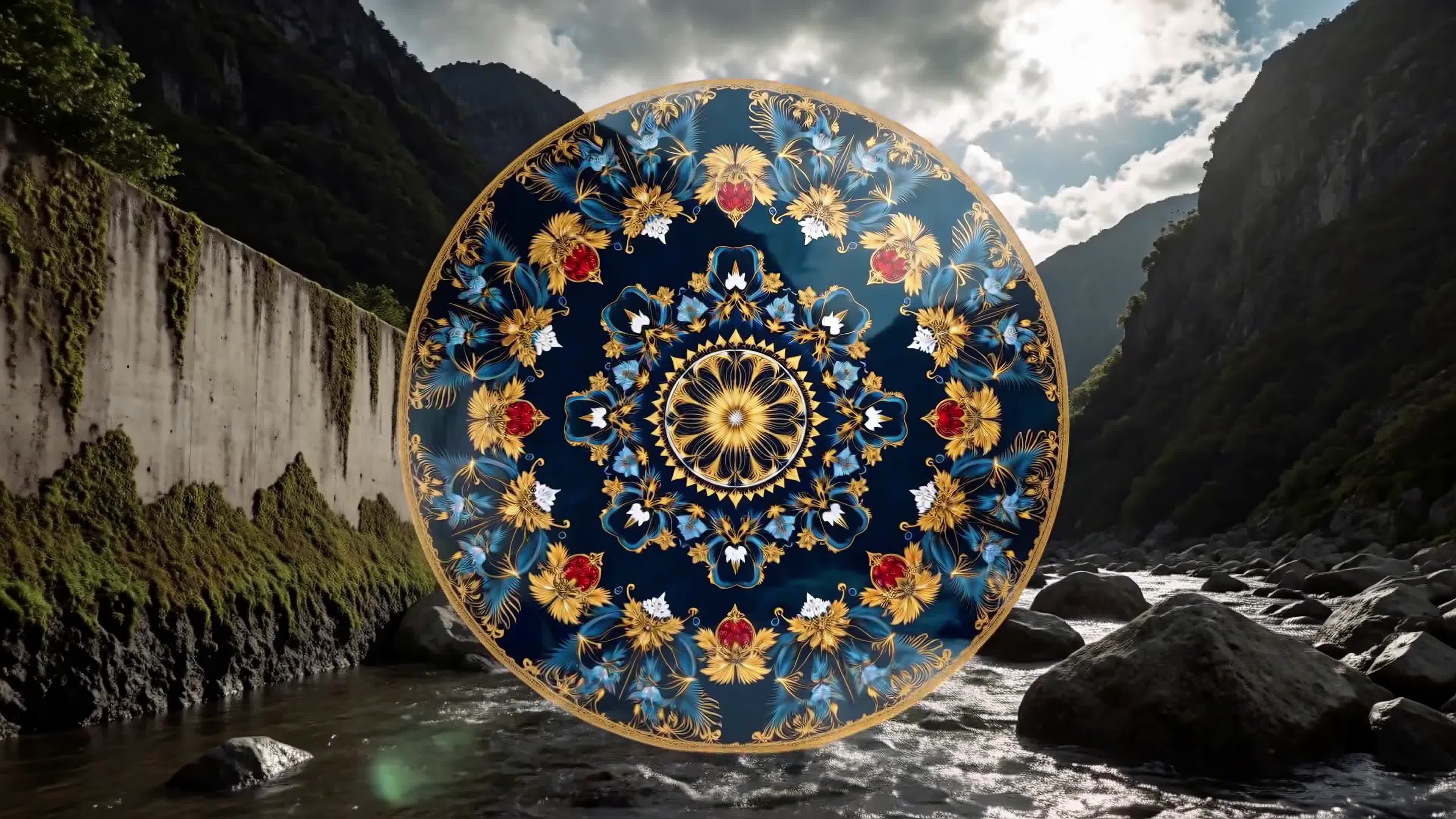 4K Video - Golden floral mandala floats serenely over cascading waterfall amidst lush valley landscape.