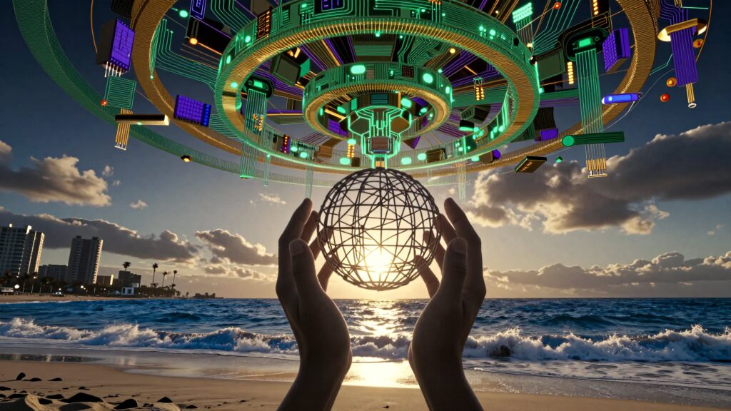 Hands Holding a Glowing Geometric Sphere Beneath a Futuristic Circuitry Halo at Sunset