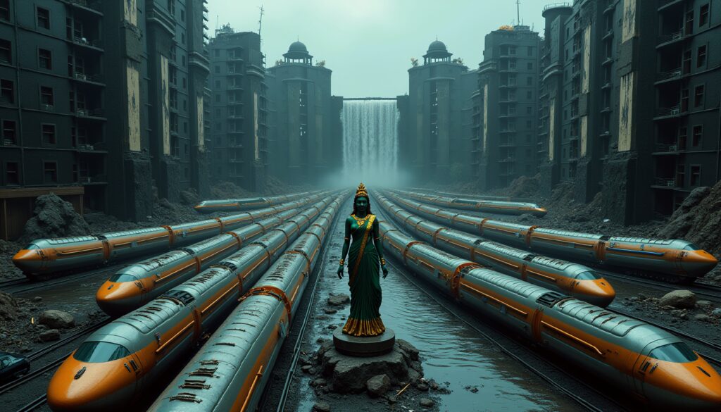Post-Apocalyptic Cityscape with Trains and Divine Figure