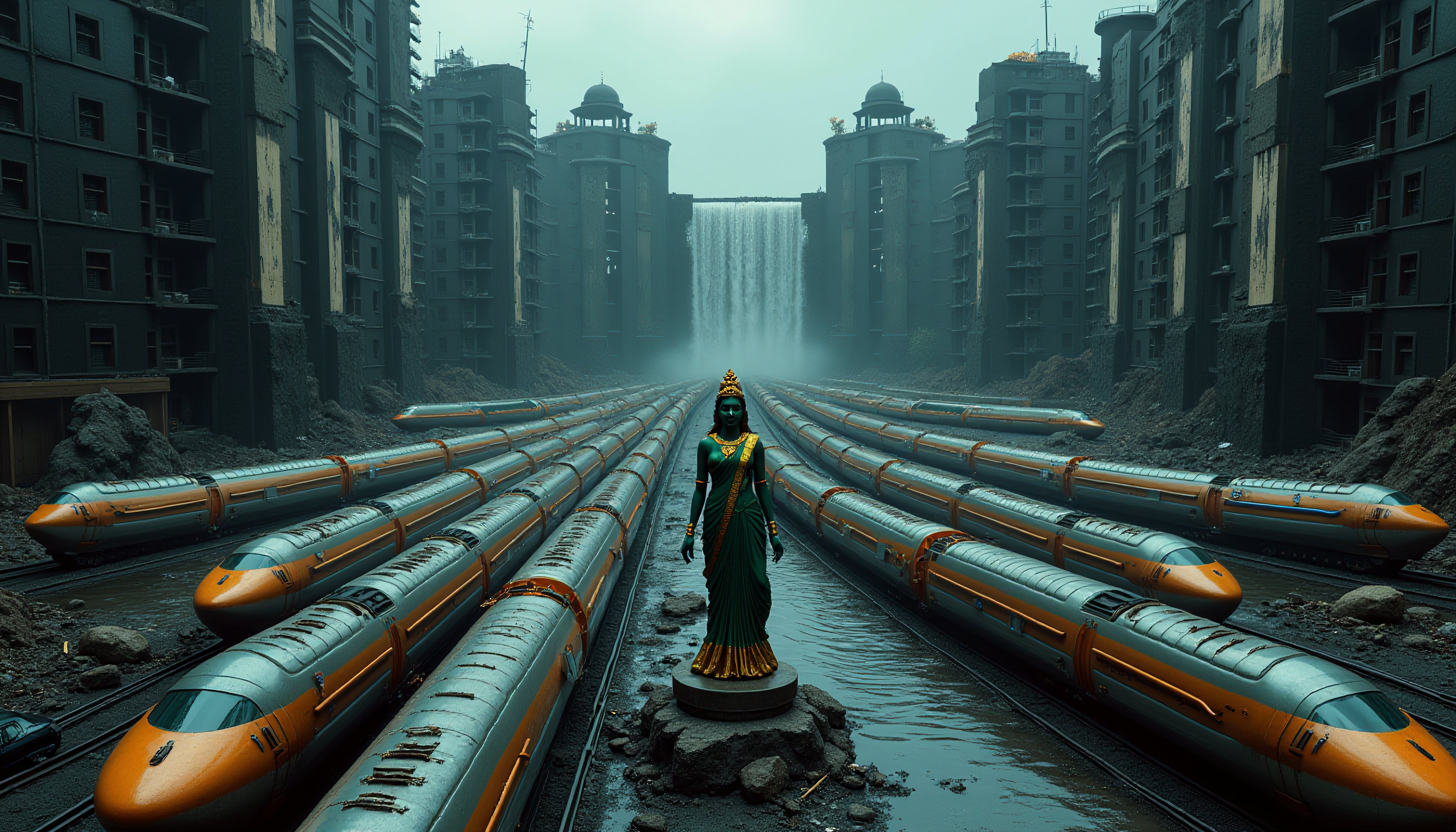 Post-Apocalyptic Cityscape with Trains and Divine Figure