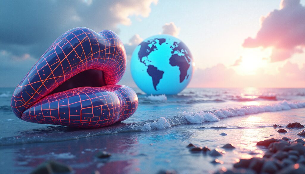 Surreal Beach Sunset with Stylized Lips and Digital Globe