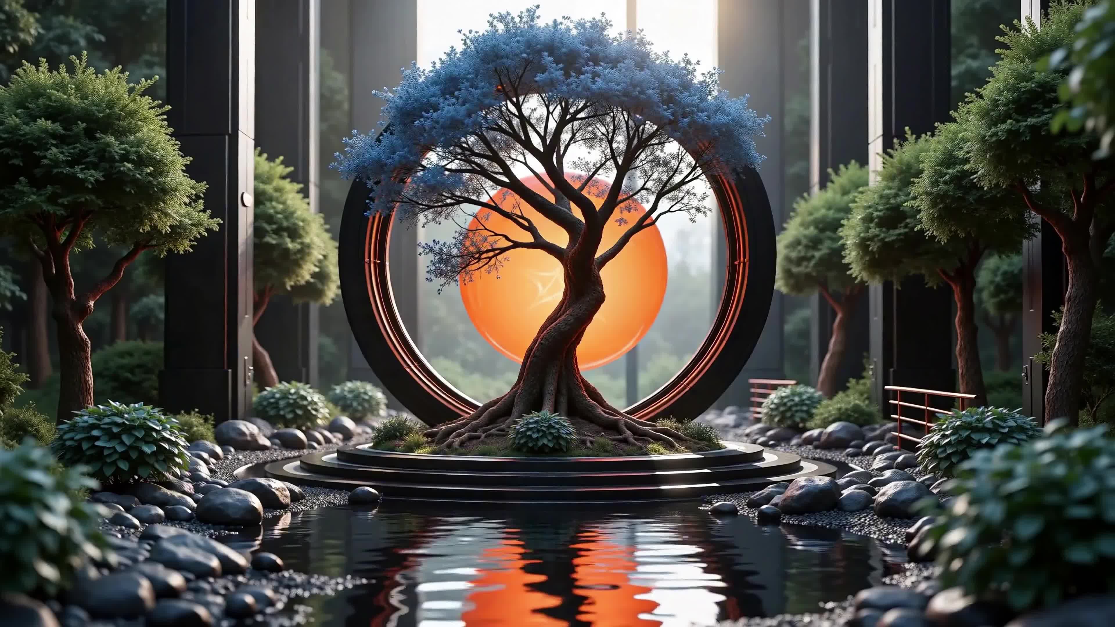 4K Video - Sacred tree within luminous circular gateway surrounded by tranquil pond, lush foliage, futuristic temple-like pillars, glowing sunset backdrop, fantasy art scene, symbolic harmony between nature and technology.
