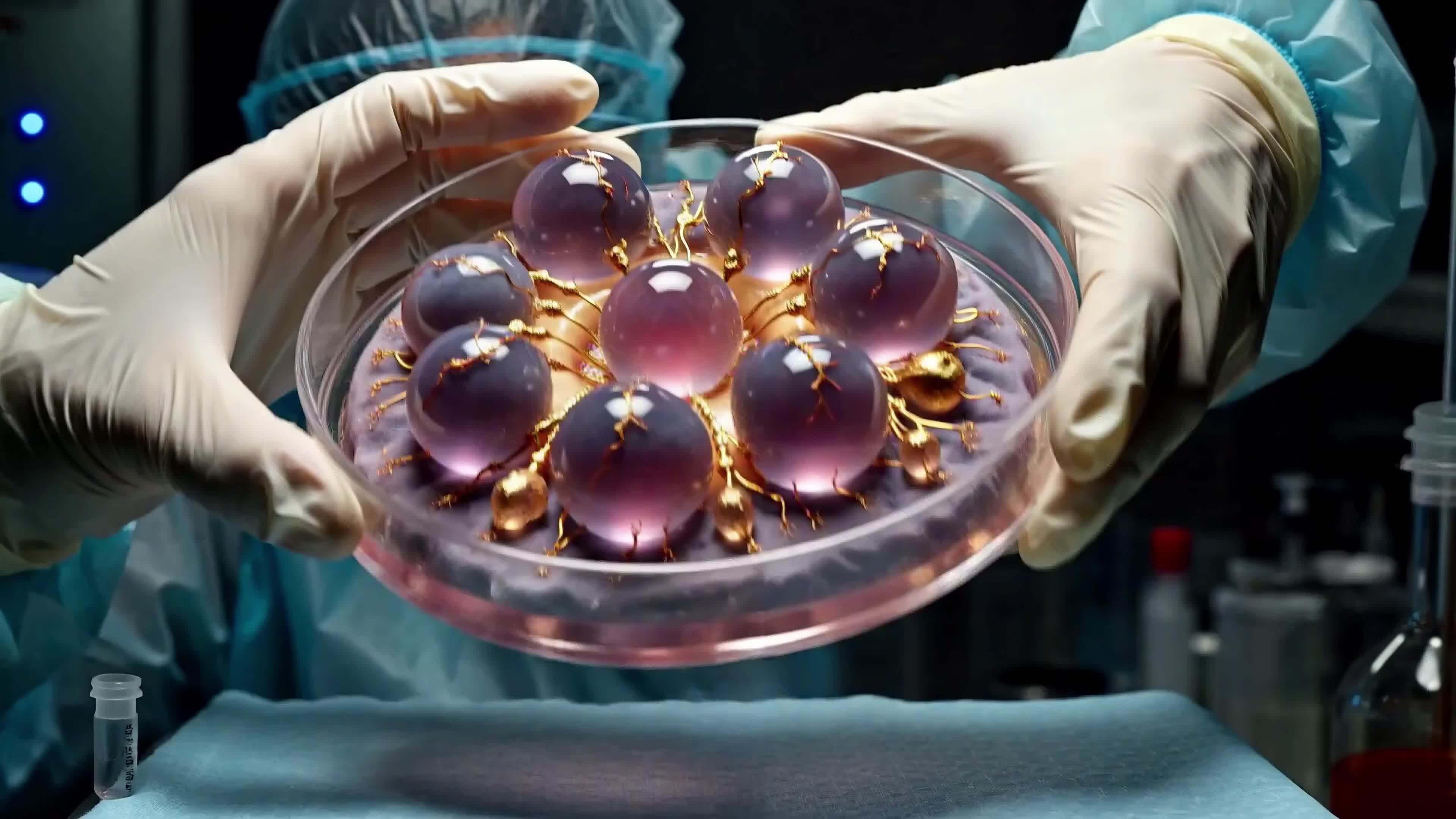 4K Video - Scientist injecting glowing cosmic seed-like spheres in futuristic lab petri dish.