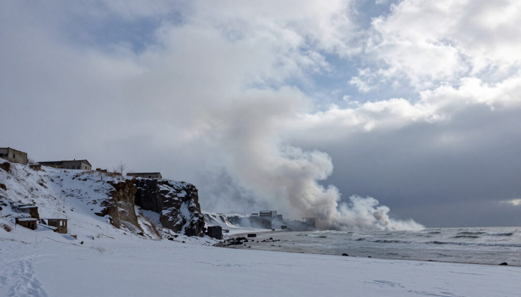 Snowy Coastal Cliffside with Abandoned Structures
