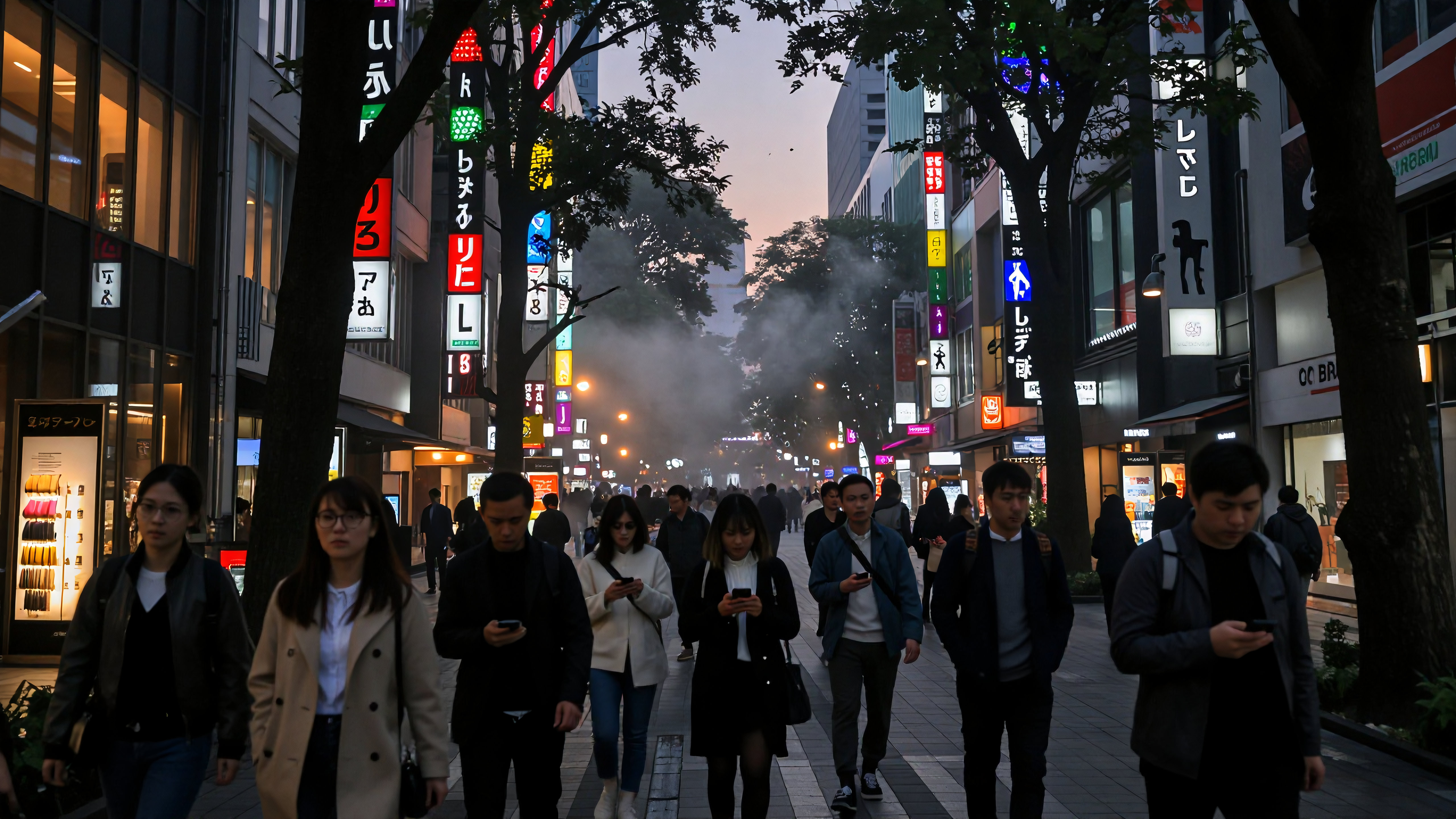 Evening Urban Scene: Pedestrians and Neon Signs in Tokyo