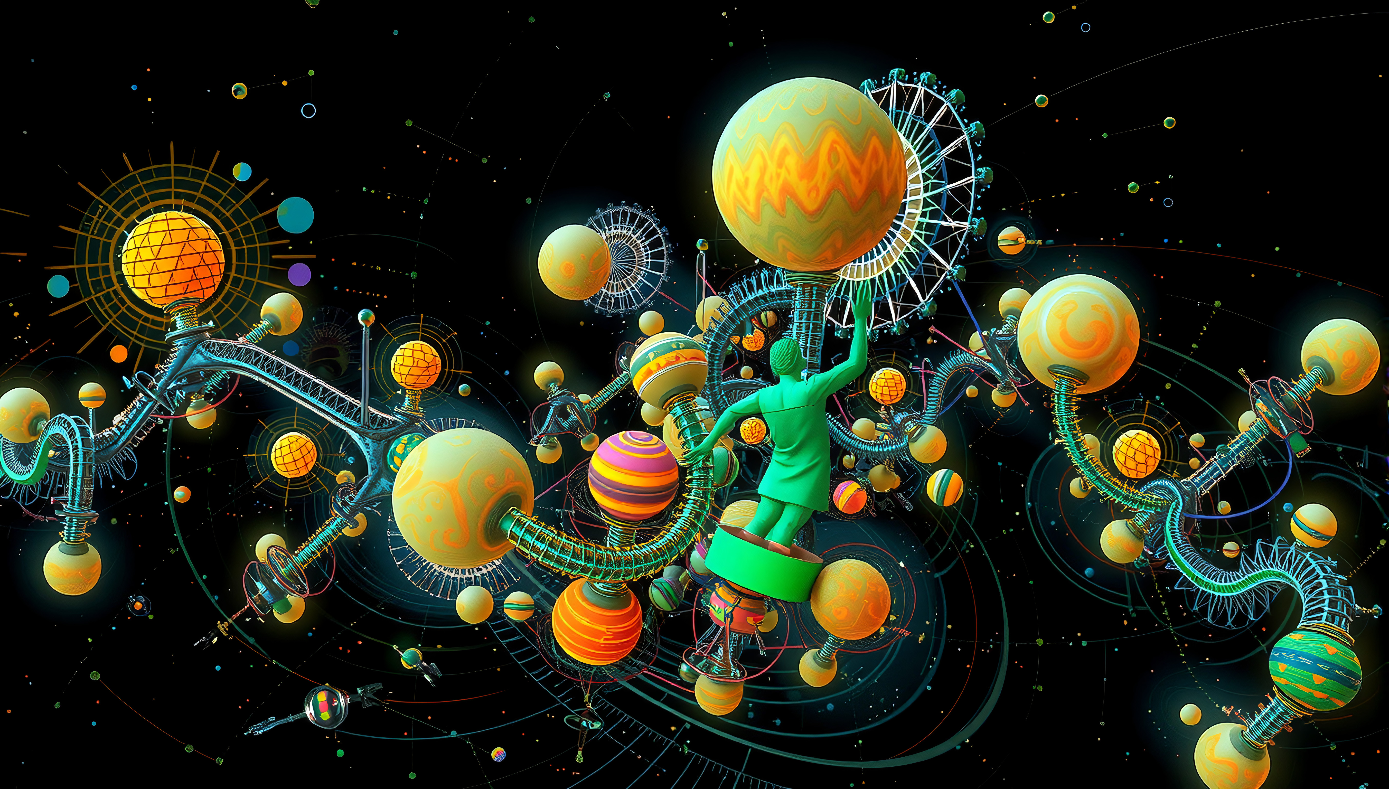 Surreal Cosmic Art: Green Figure Reaching for Planets in Digital Universe