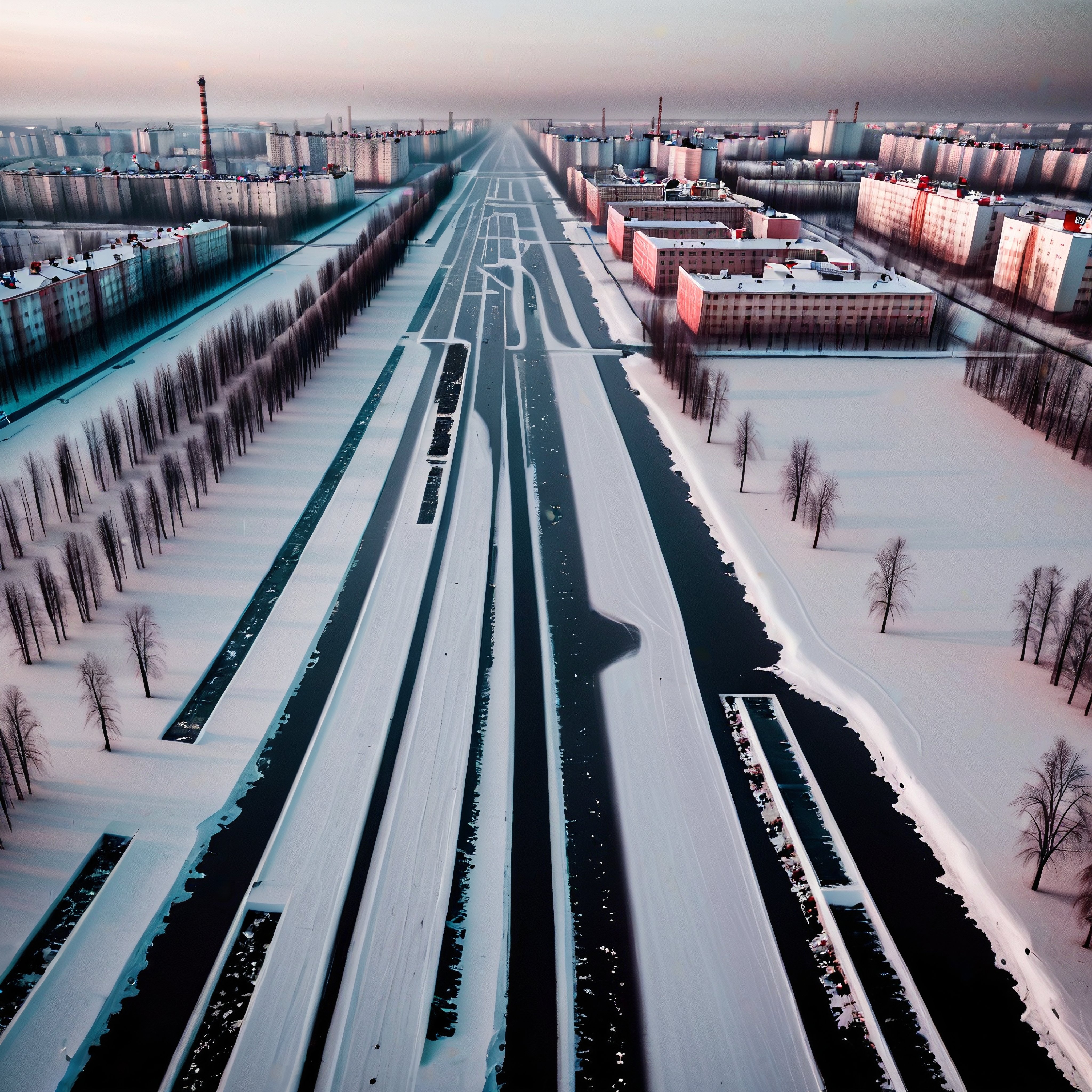 Snow-Covered Urban Highway at Dusk