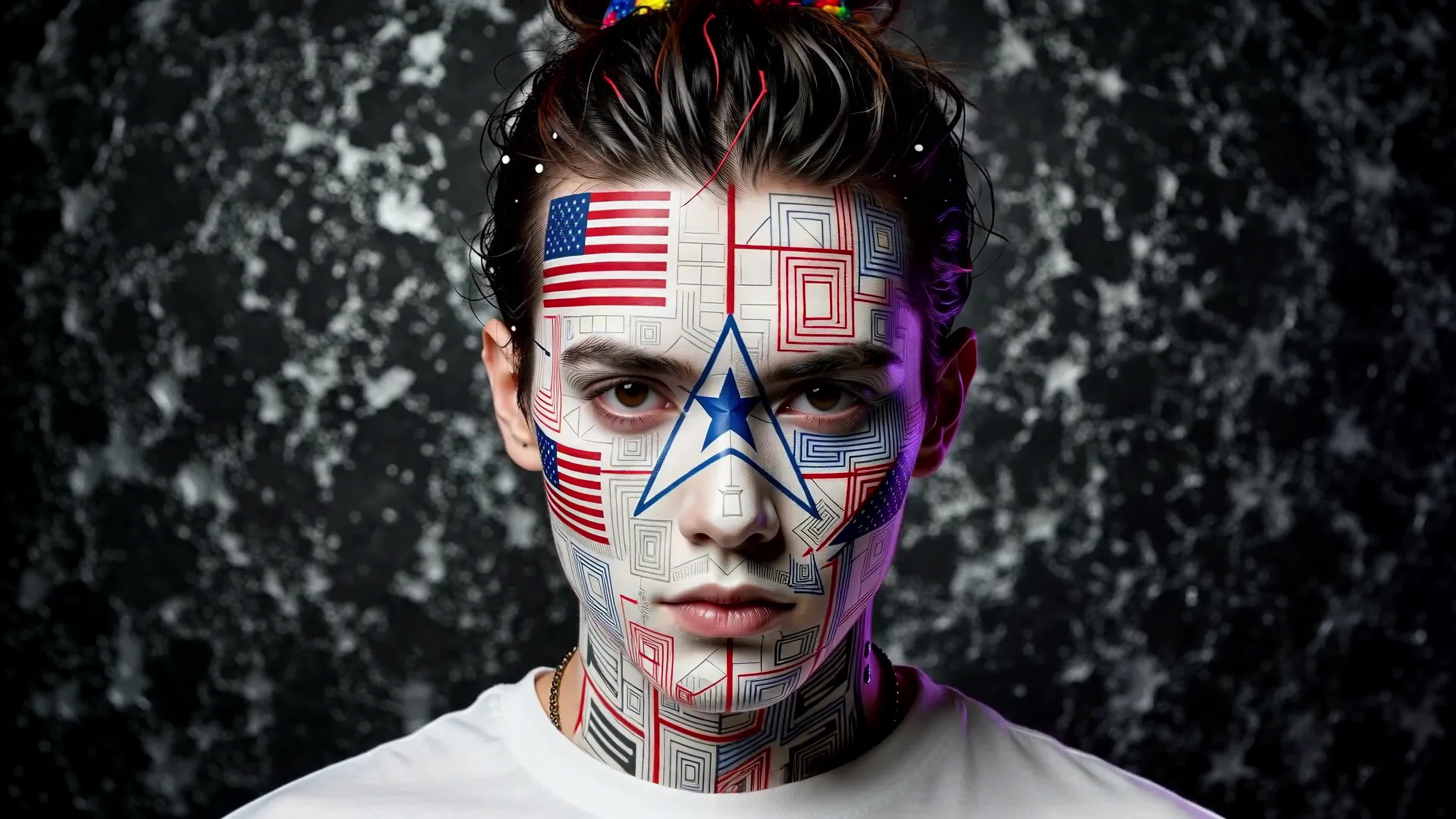 4K Video - Portrait of person with US flag face paint under falling snow against galaxy sky.