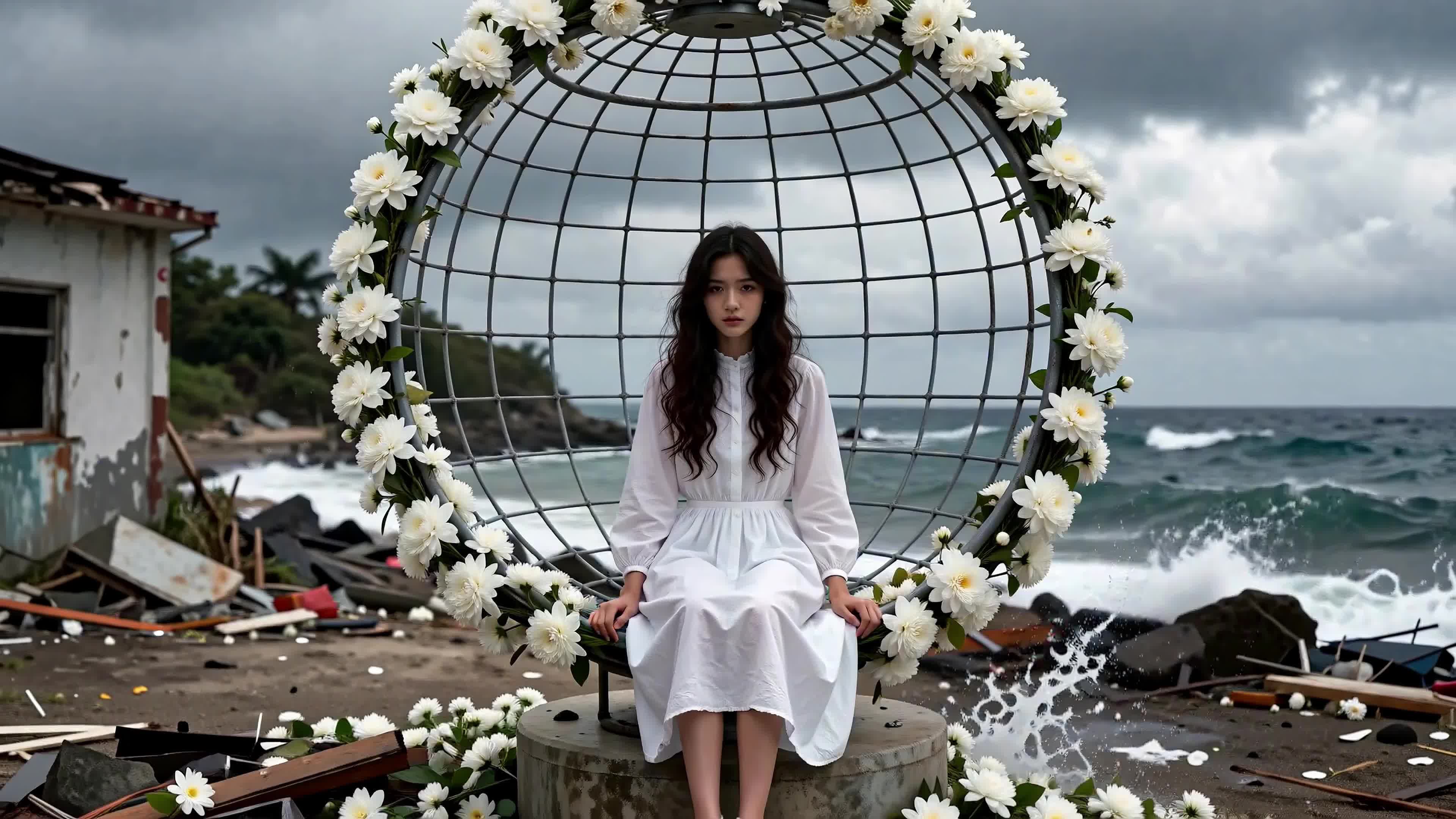 4K Video - A young woman draped in purity sits gracefully inside a rose-adorned spherical cage on a decaying beach under tumultuous skies—symbolizing grace amid ruin, captured poetically beneath dramatic natural forces.