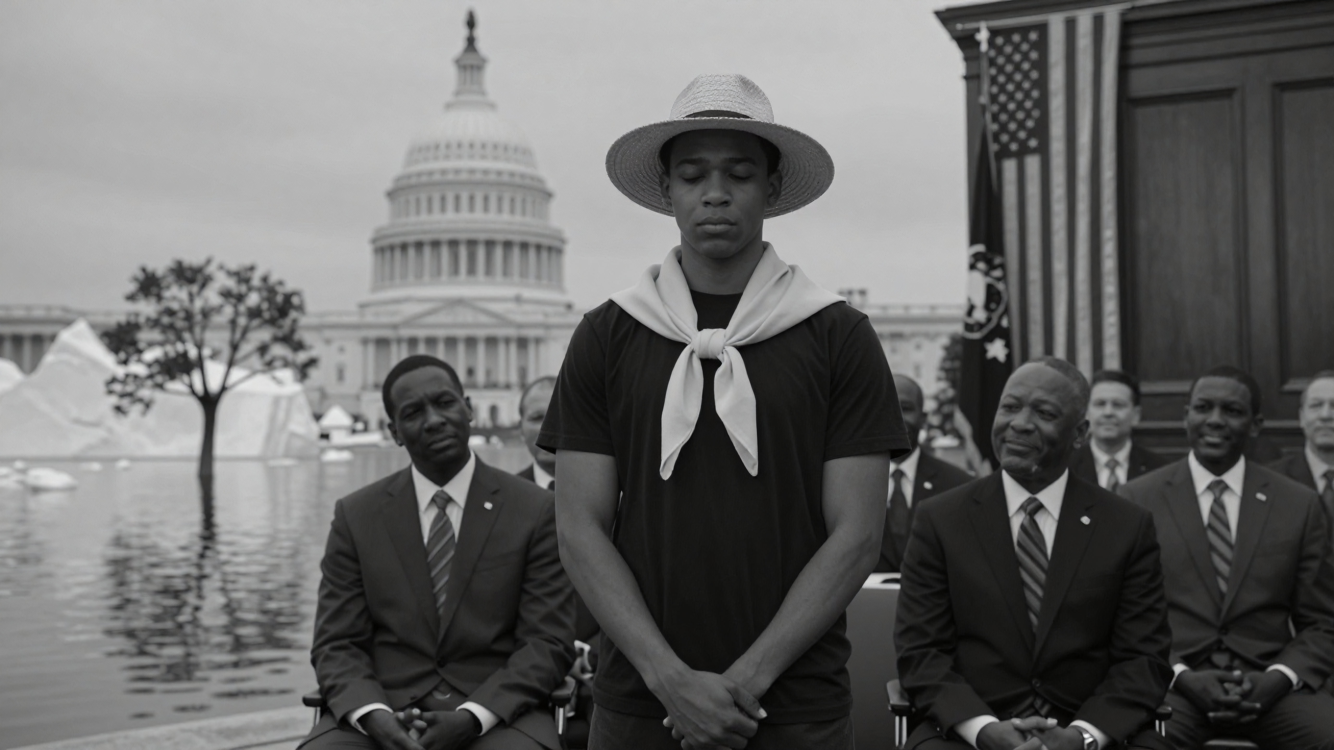 Solemn Black and White Portrait with U.S. Capitol Background