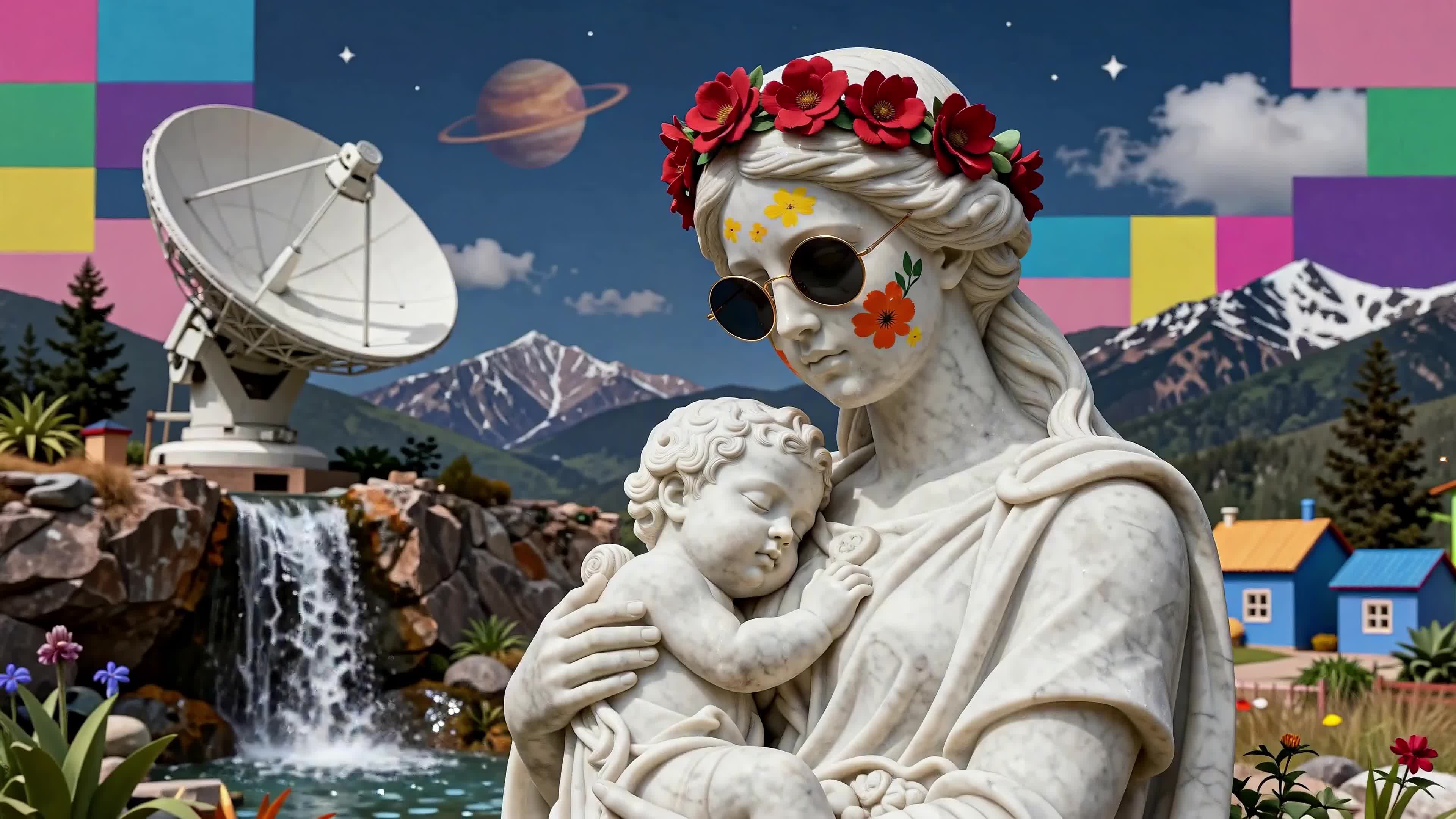 Stone goddess holding infant under Saturn's gaze beside waterfall and radio telescope in surreal countryside 4K video.