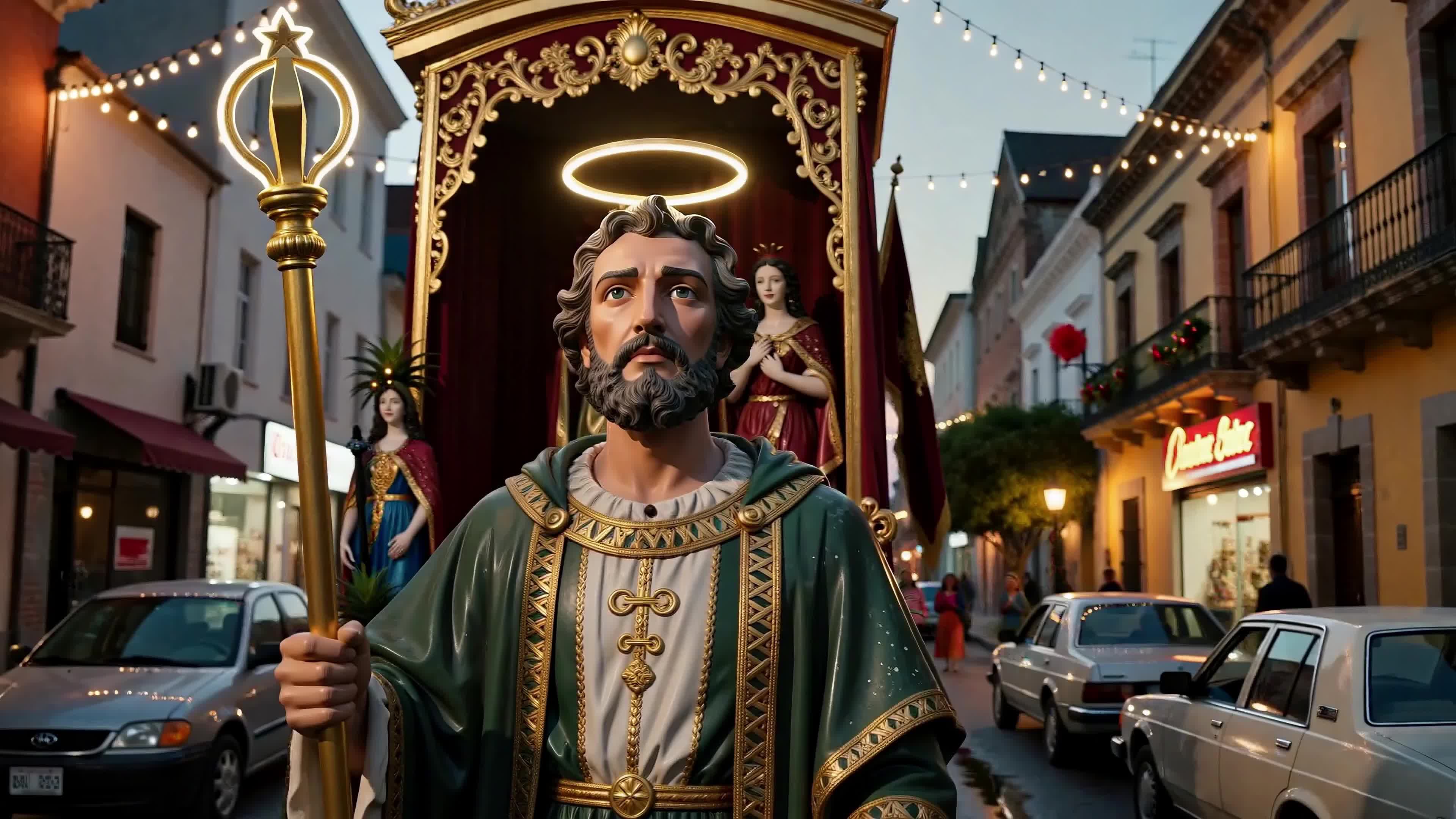 4K Video - A grand illuminated saintly statue leads a vibrant evening parade down charming historic streets lined with festive décor and admiring crowds.