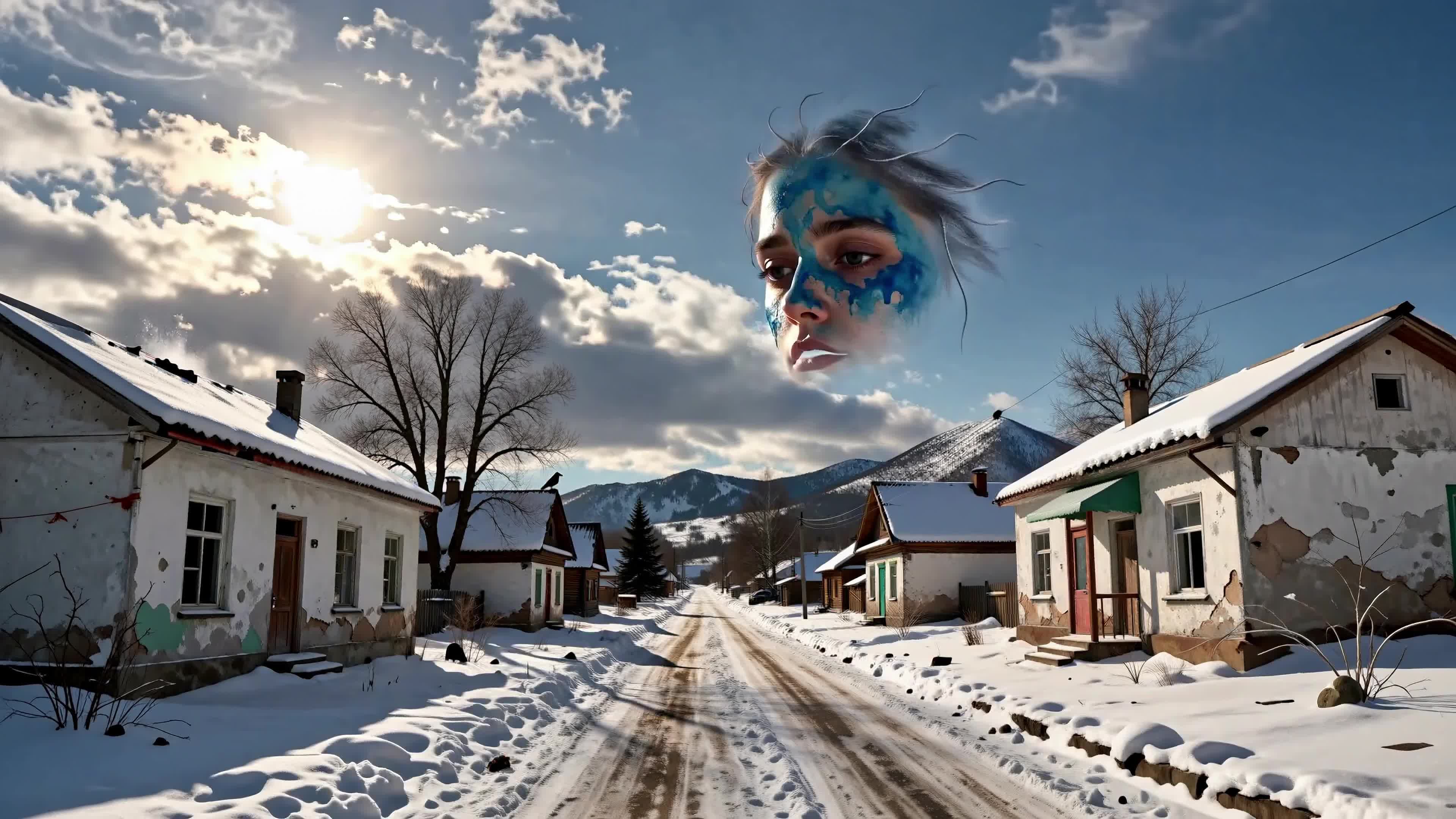 4K Video - Surreal woman crying ice tears in snowy rustic village during golden hour.