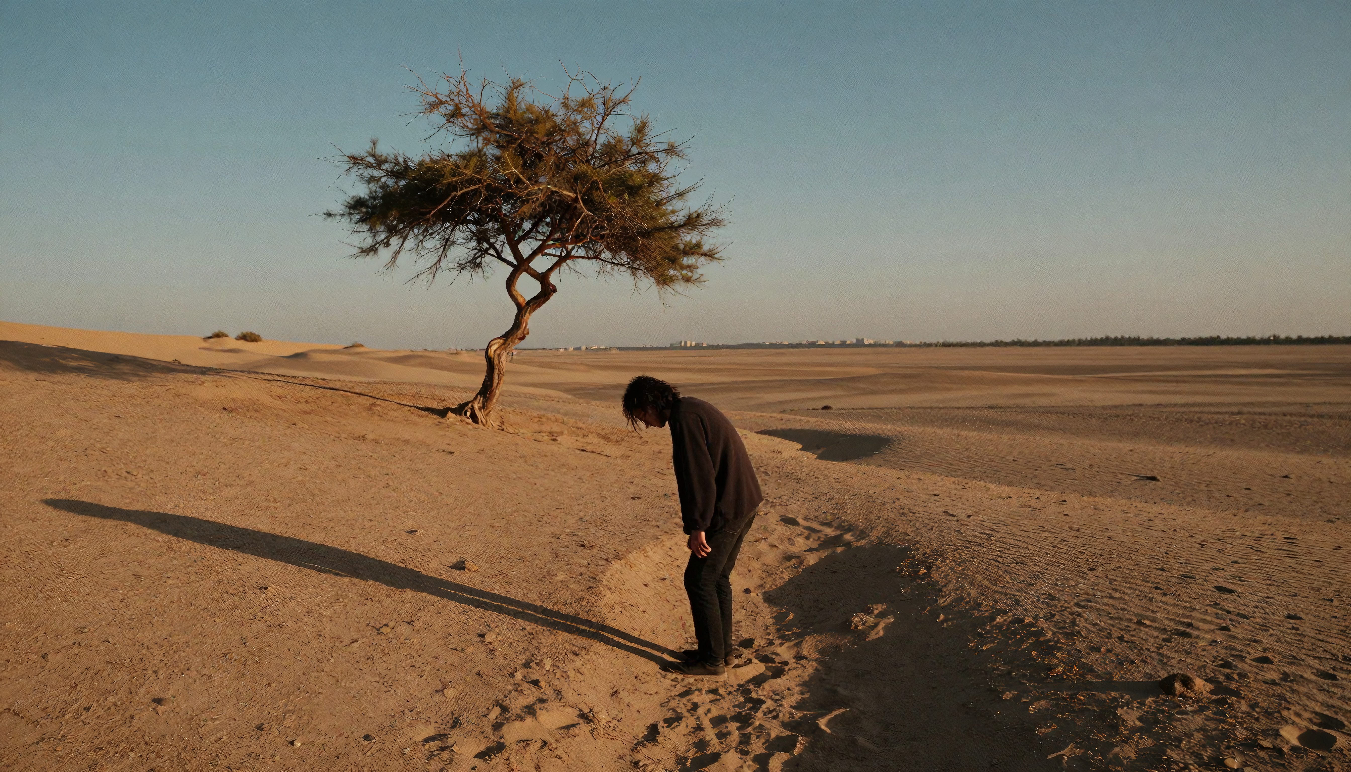 Solitary Figure in Desert Landscape with Lone Tree