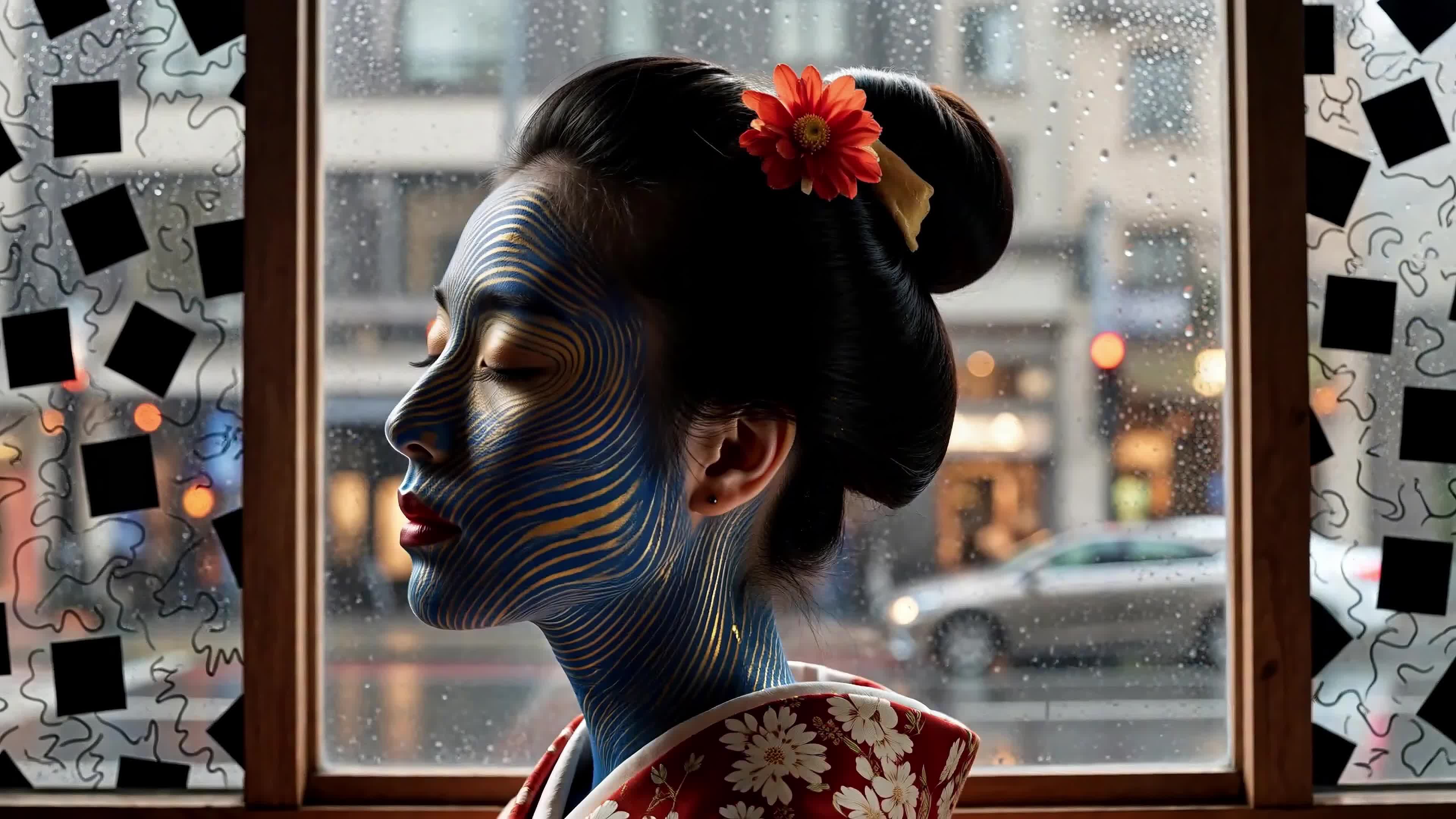 4K Video - Serene geisha with blue painted face gazing out rain-drenched window wearing red floral kimono under warm evening light.