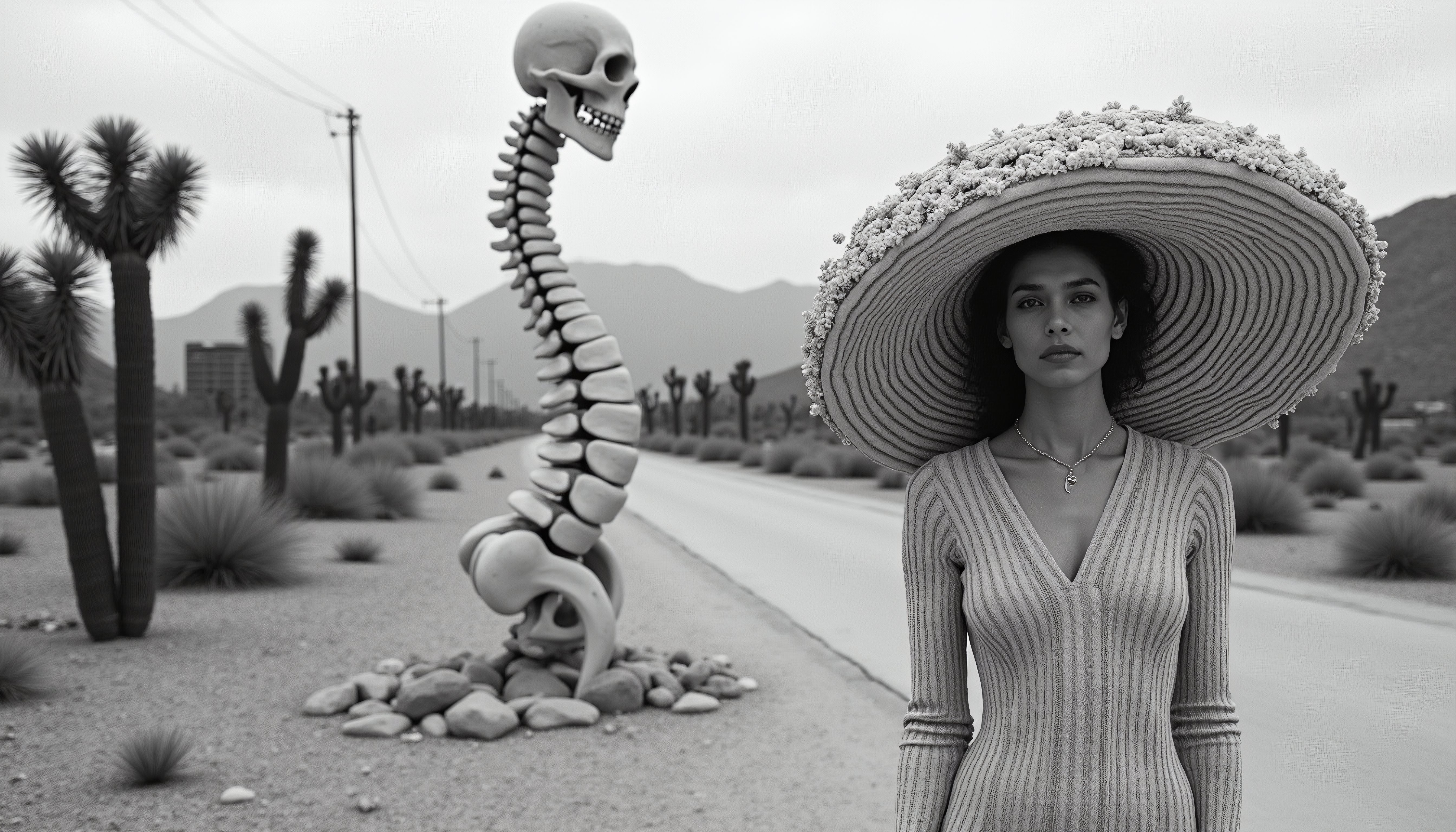 Surreal Desert Portrait with Skeletal Art Installation
