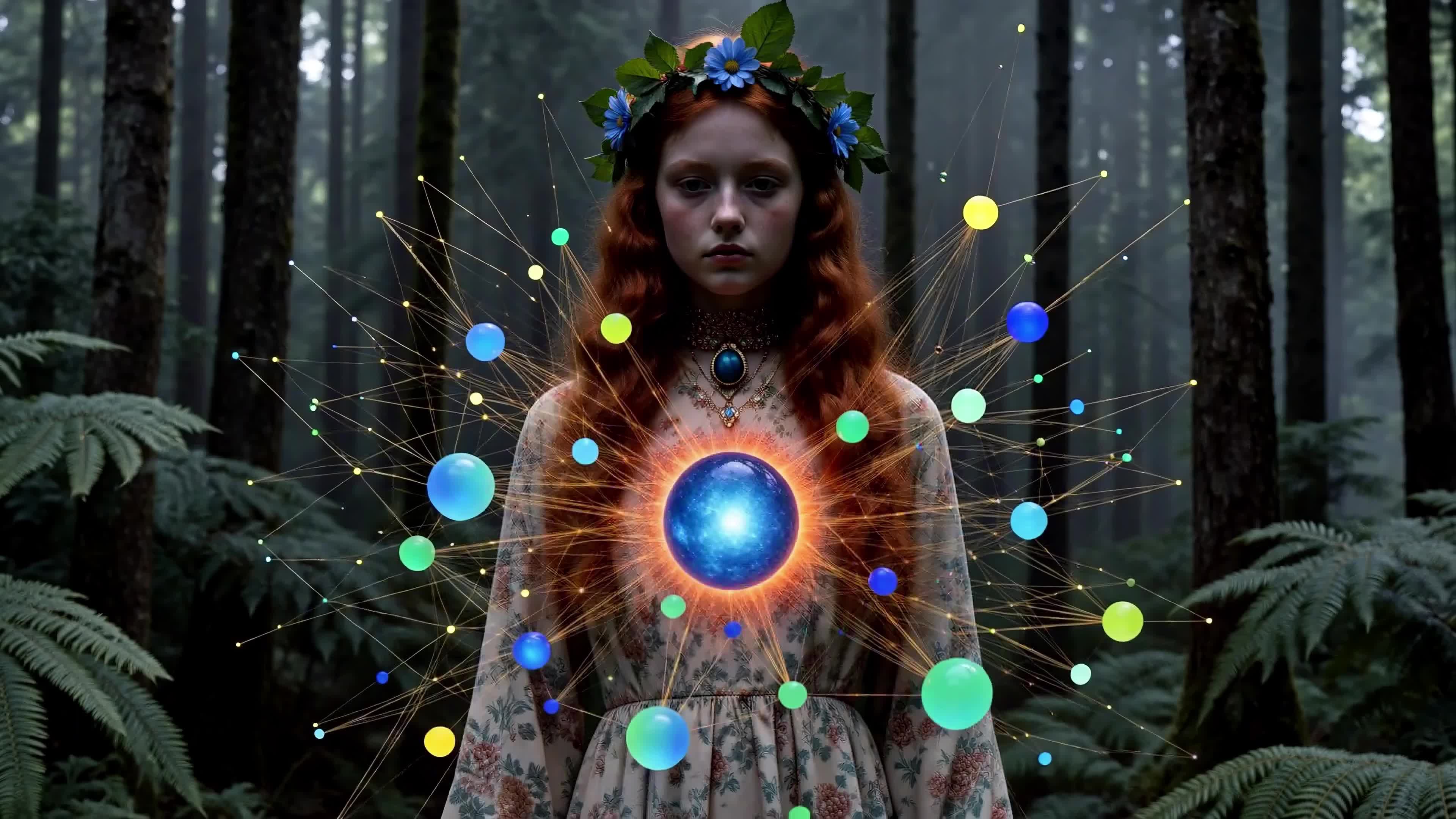 4K Video - A young woman adorned with floral crowns stands poised as cosmic energy bursts forth from her body.