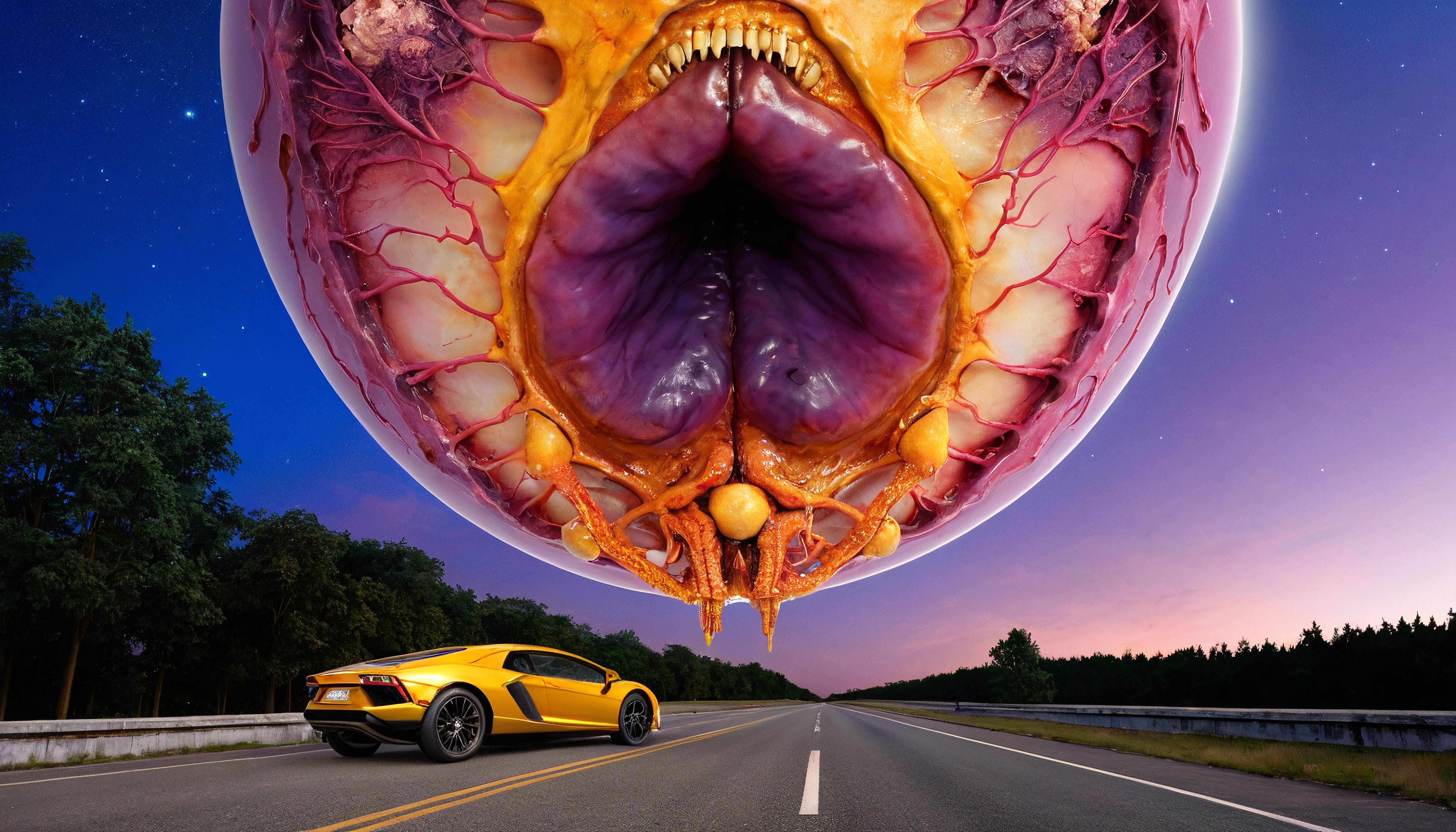 Surreal Highway Scene with Giant Anatomical Mouth and Sports Car