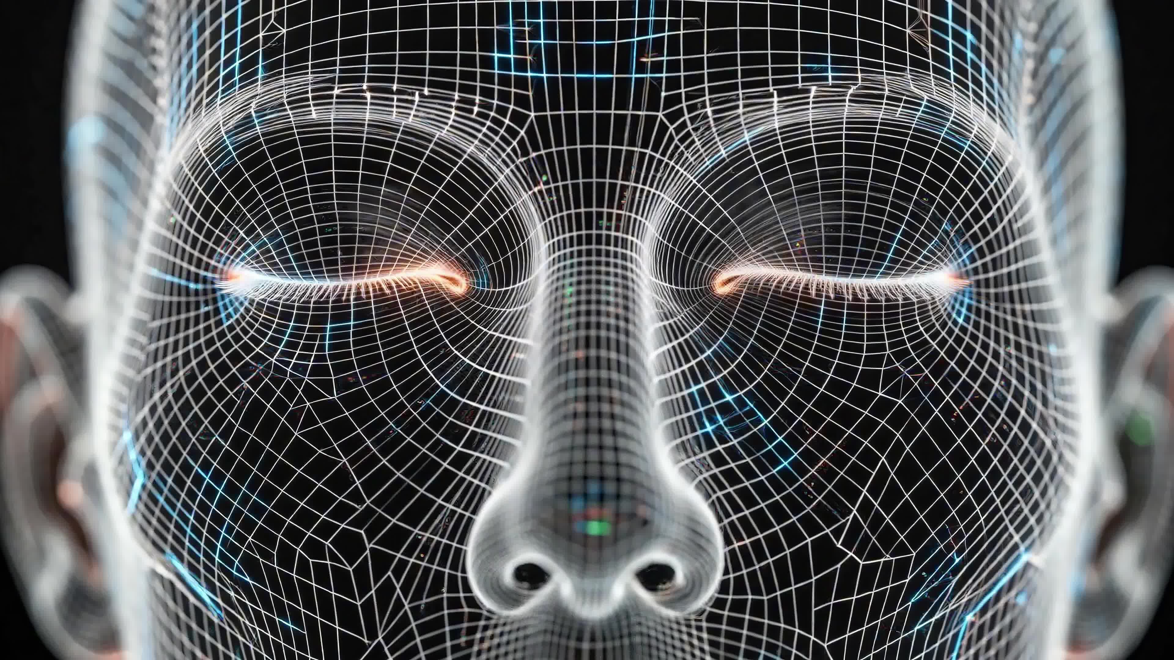 4K Video - Glowing wireframe humanoid face emerging from digital grid in futuristic cyberpunk style.