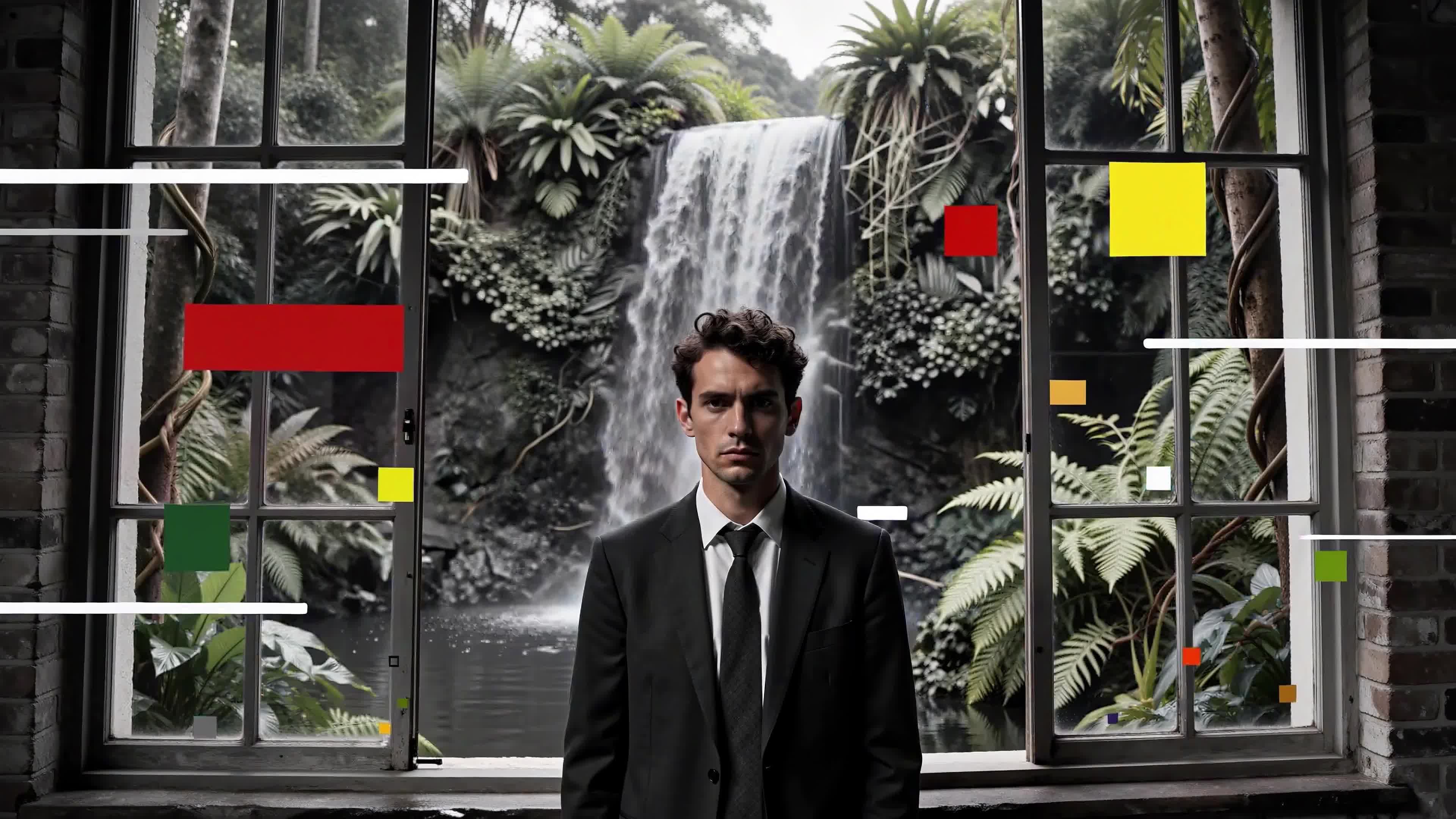 4K Video - Man in formal suit standing calmly before a vibrant jungle waterfall framed by large windows with floating colorful squares.