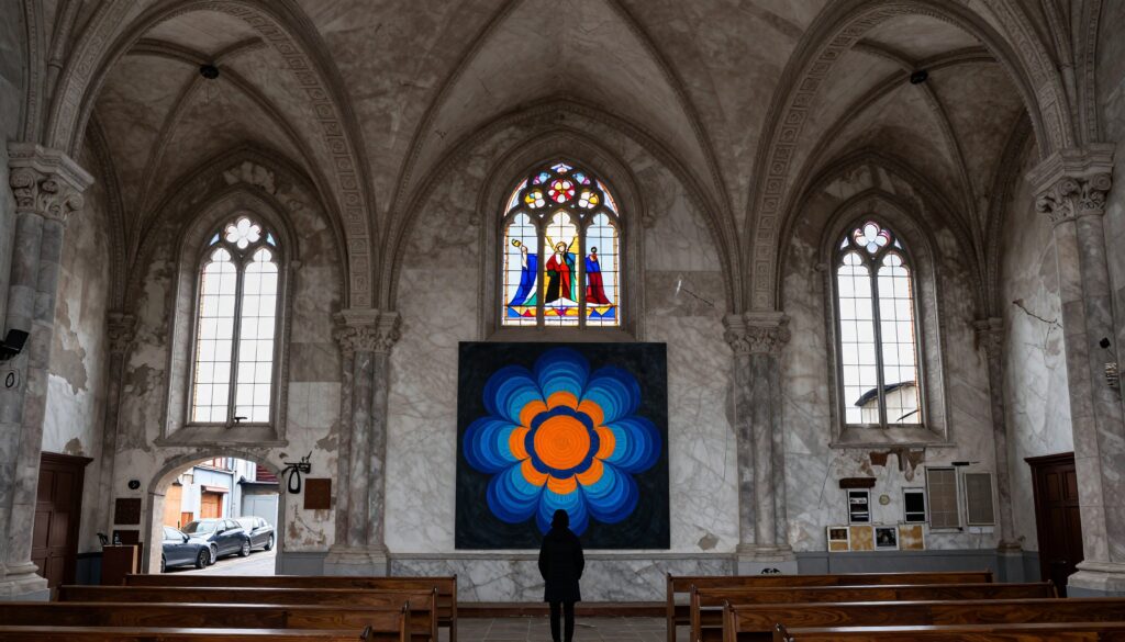 Modern Flower Painting in Historic Church Nave with Stained Glass