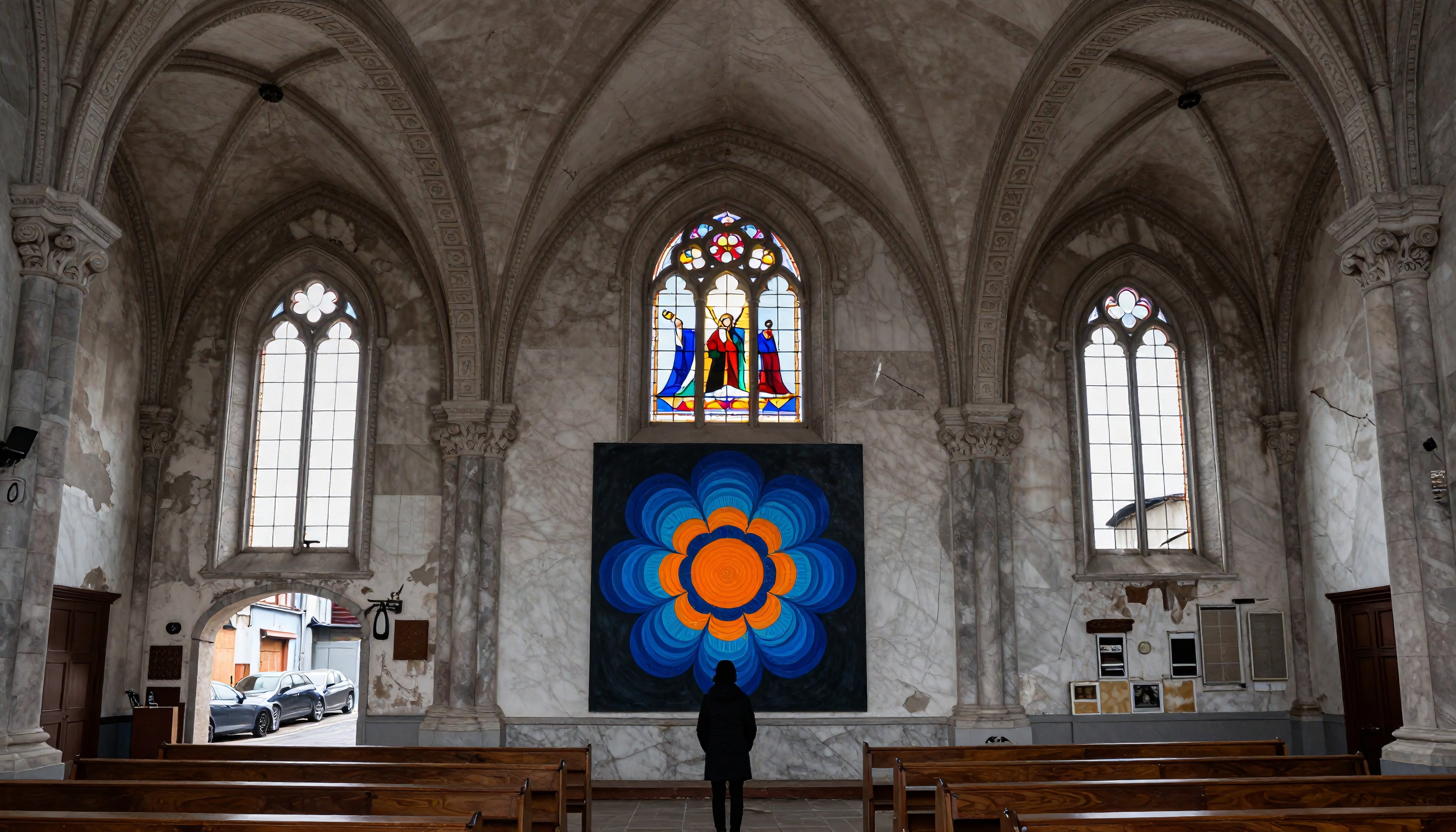 Modern Flower Painting in Historic Church Nave with Stained Glass