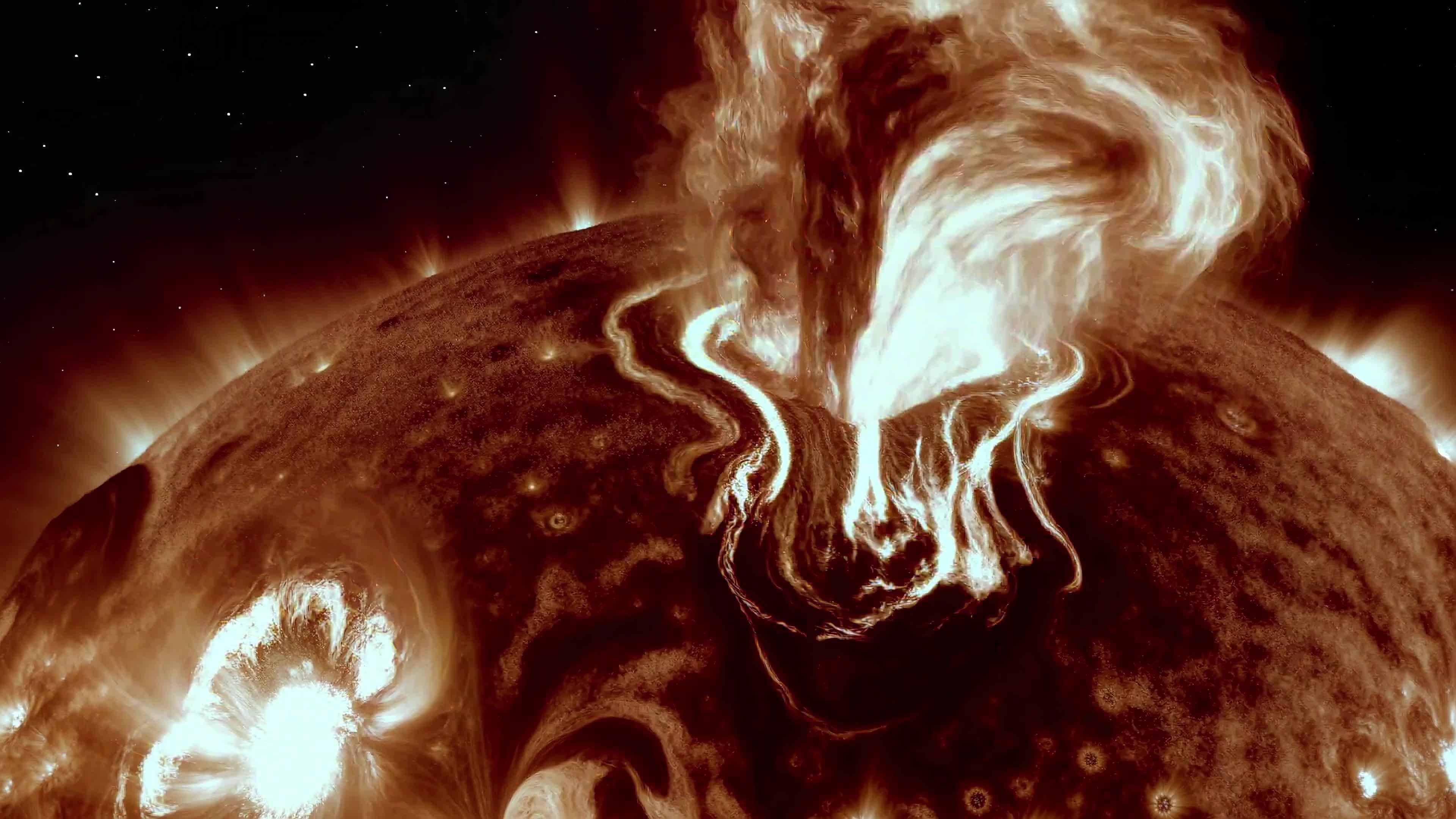 4K Video - Fiery solar eruptions illuminating dynamic sun surfaces captured through advanced astronomical observation techniques.