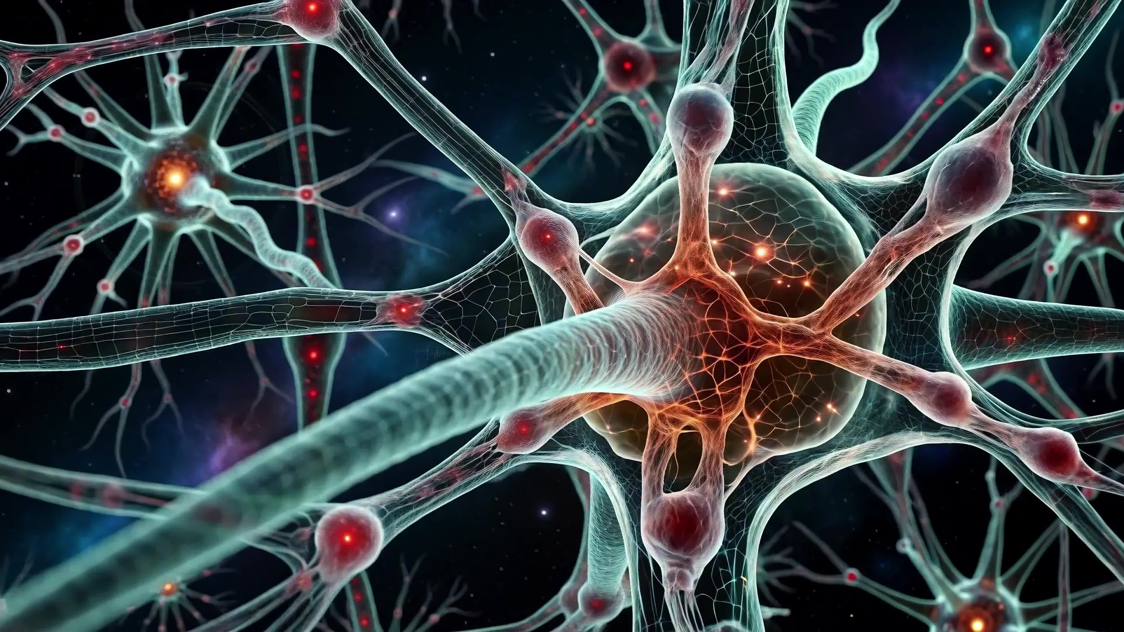4K Video - A dazzling depiction of interconnected neurons pulsing with inner electricity amidst a swirling cosmic background — perfect for educational visuals on neurobiology or speculative science content.