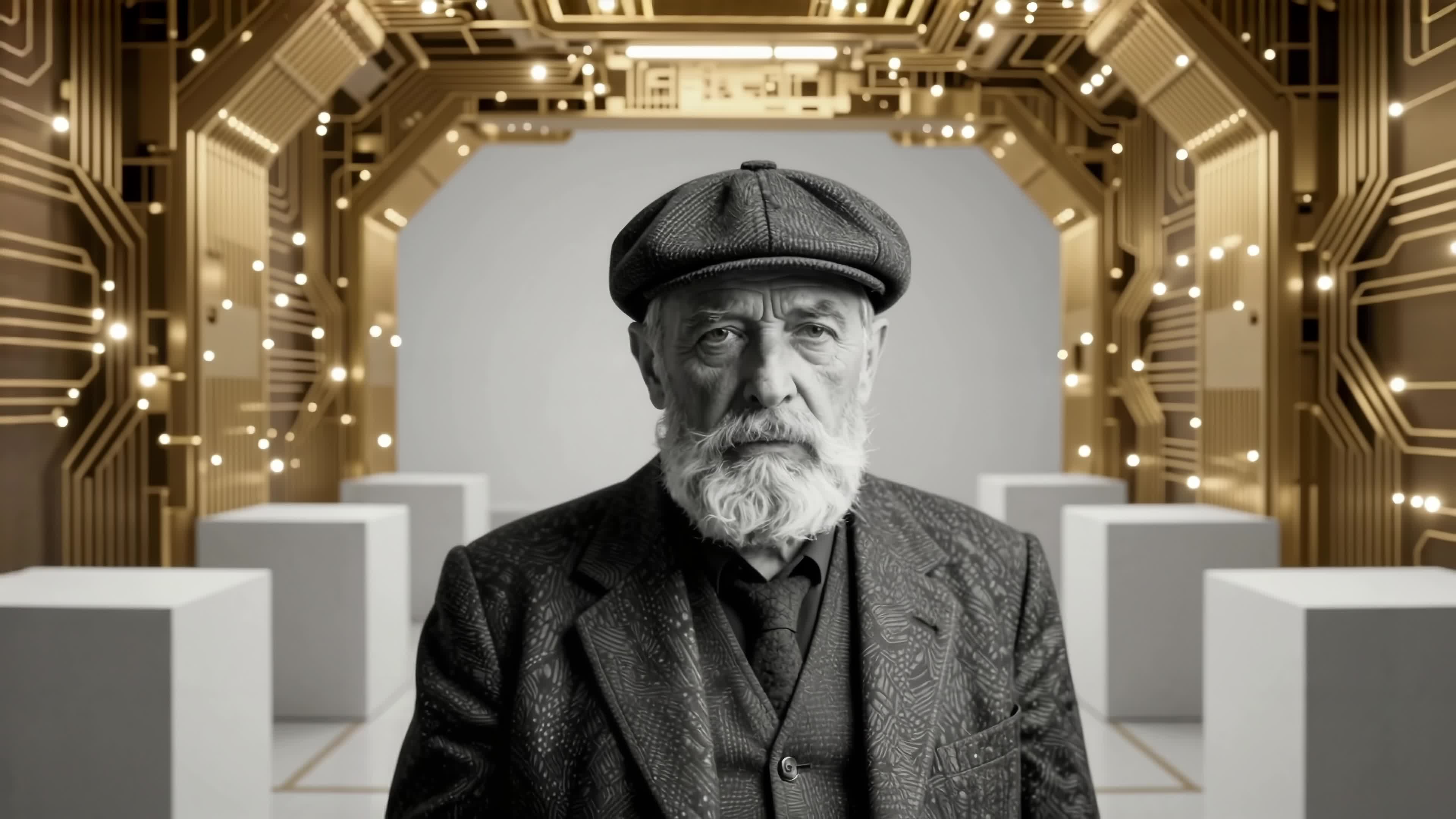 4K Video - Vintage elder in futuristic tech-lit corridor wearing flat cap.