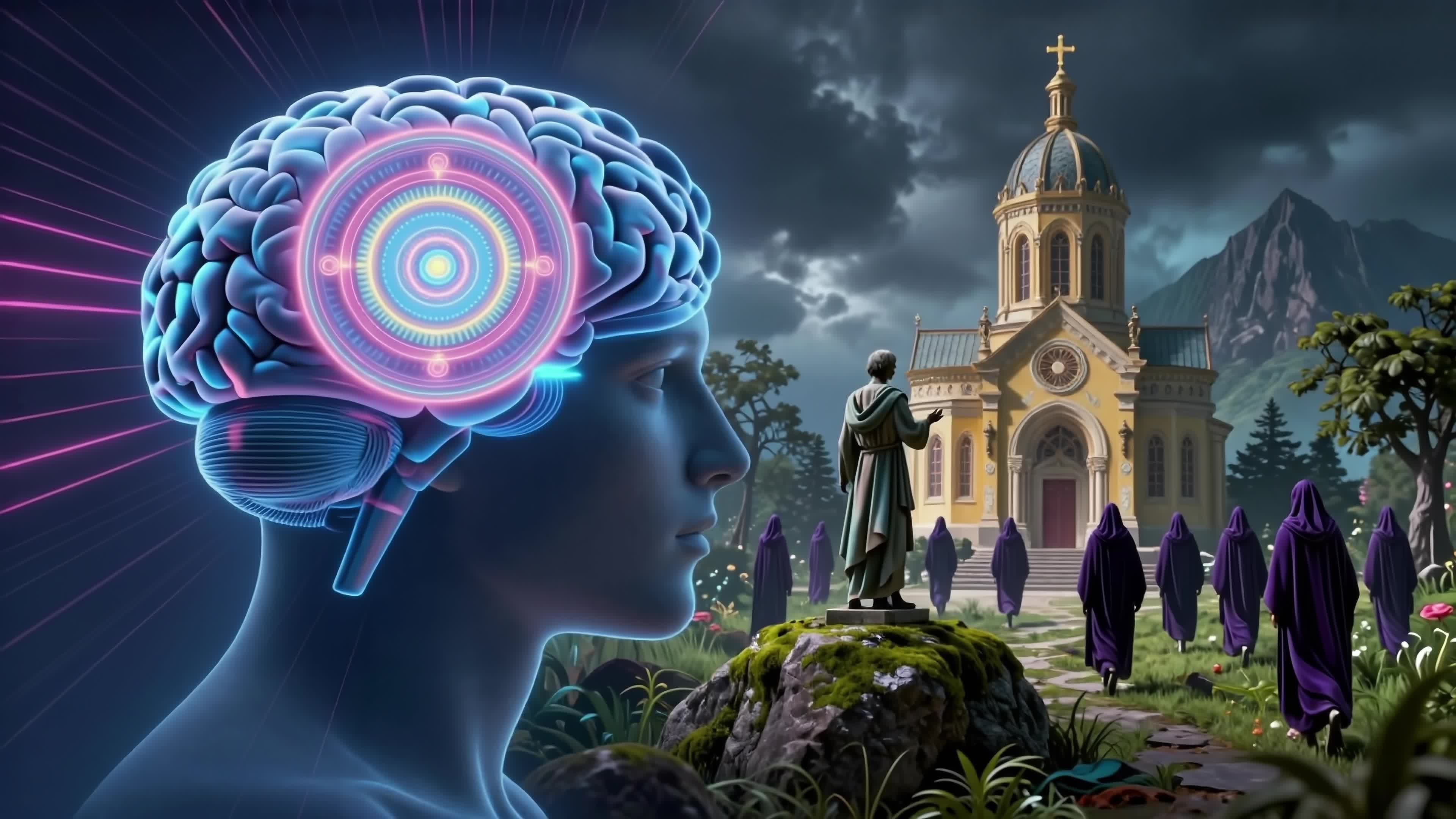 4K Video - Glowing AI brain facing mystical church with monks walking towards ancient sanctuary beneath dramatic sky.
