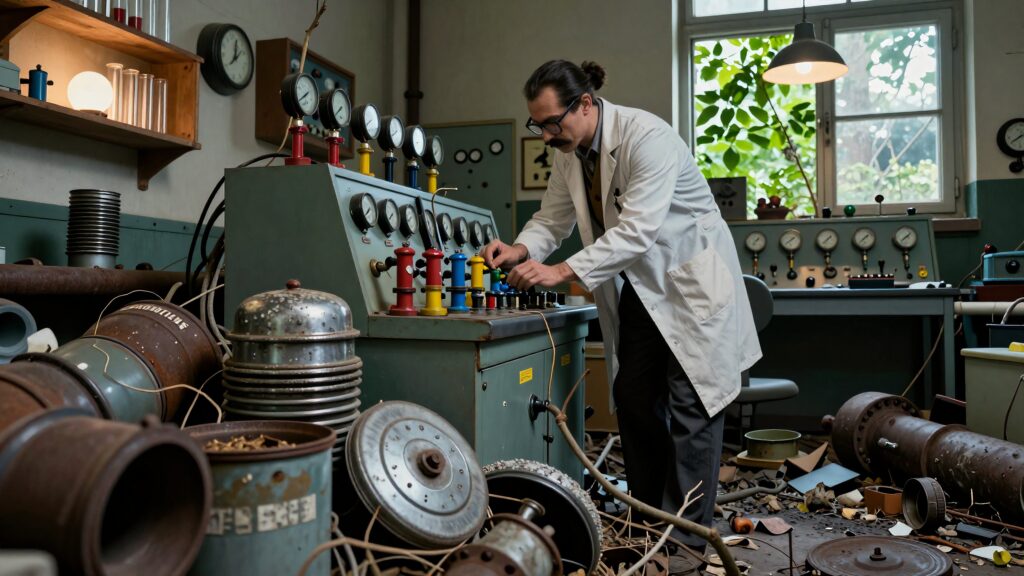Scientist Adjusting Gauges in Cluttered Laboratory