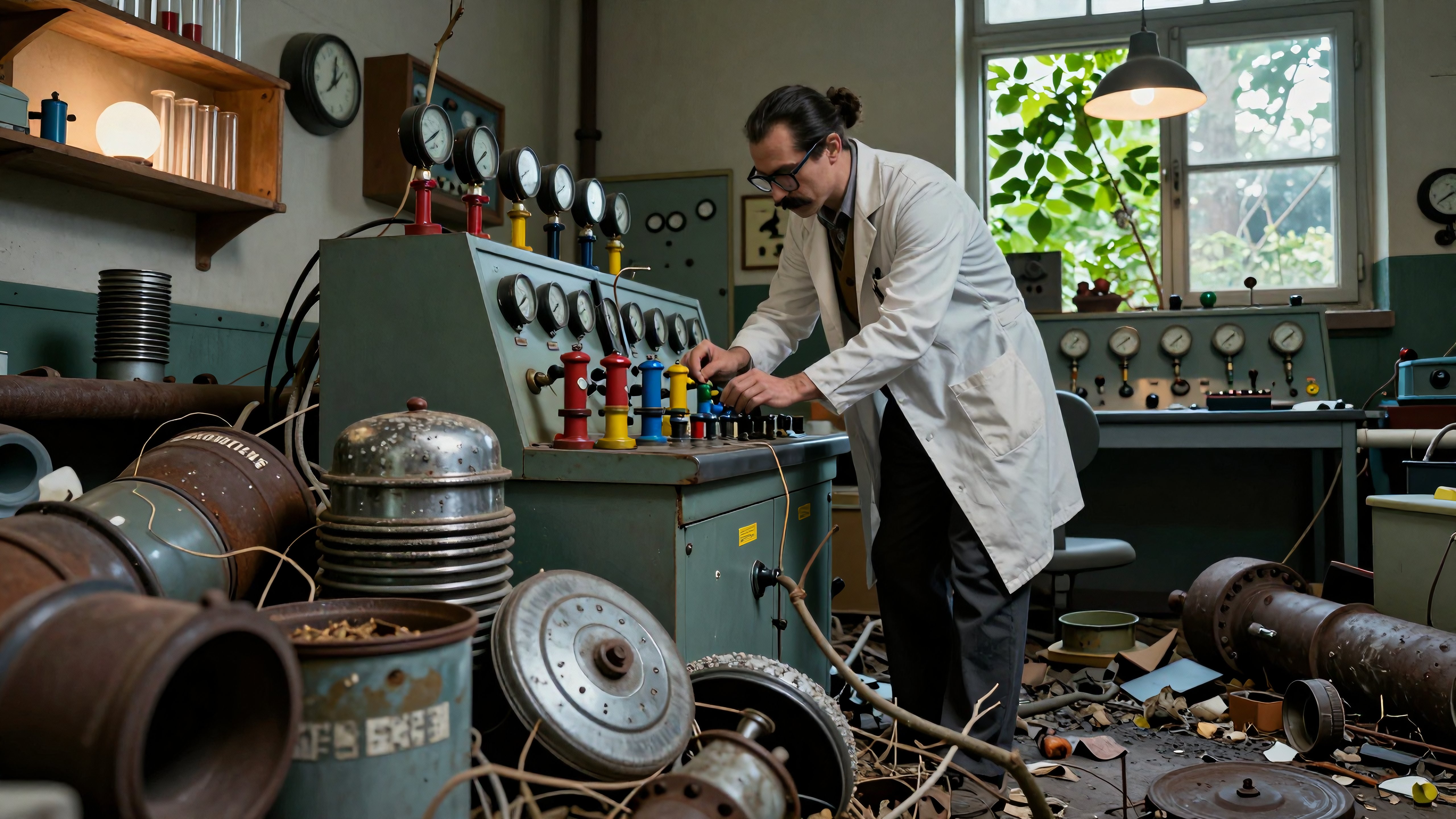 Vintage Scientist Adjusting Gauges in Cluttered Laboratory