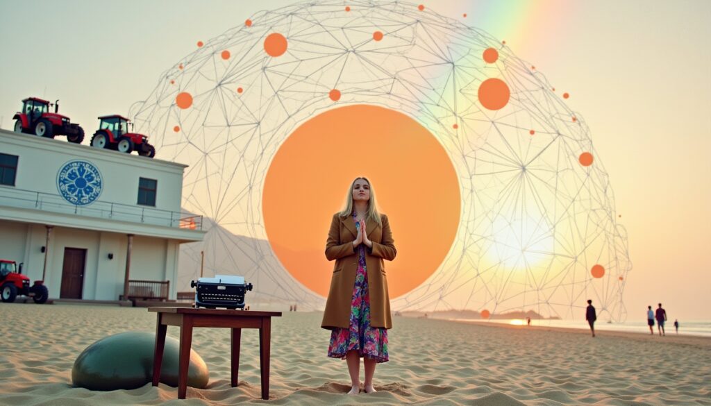 Woman in Prayer Pose on Beach with Geometric Dome