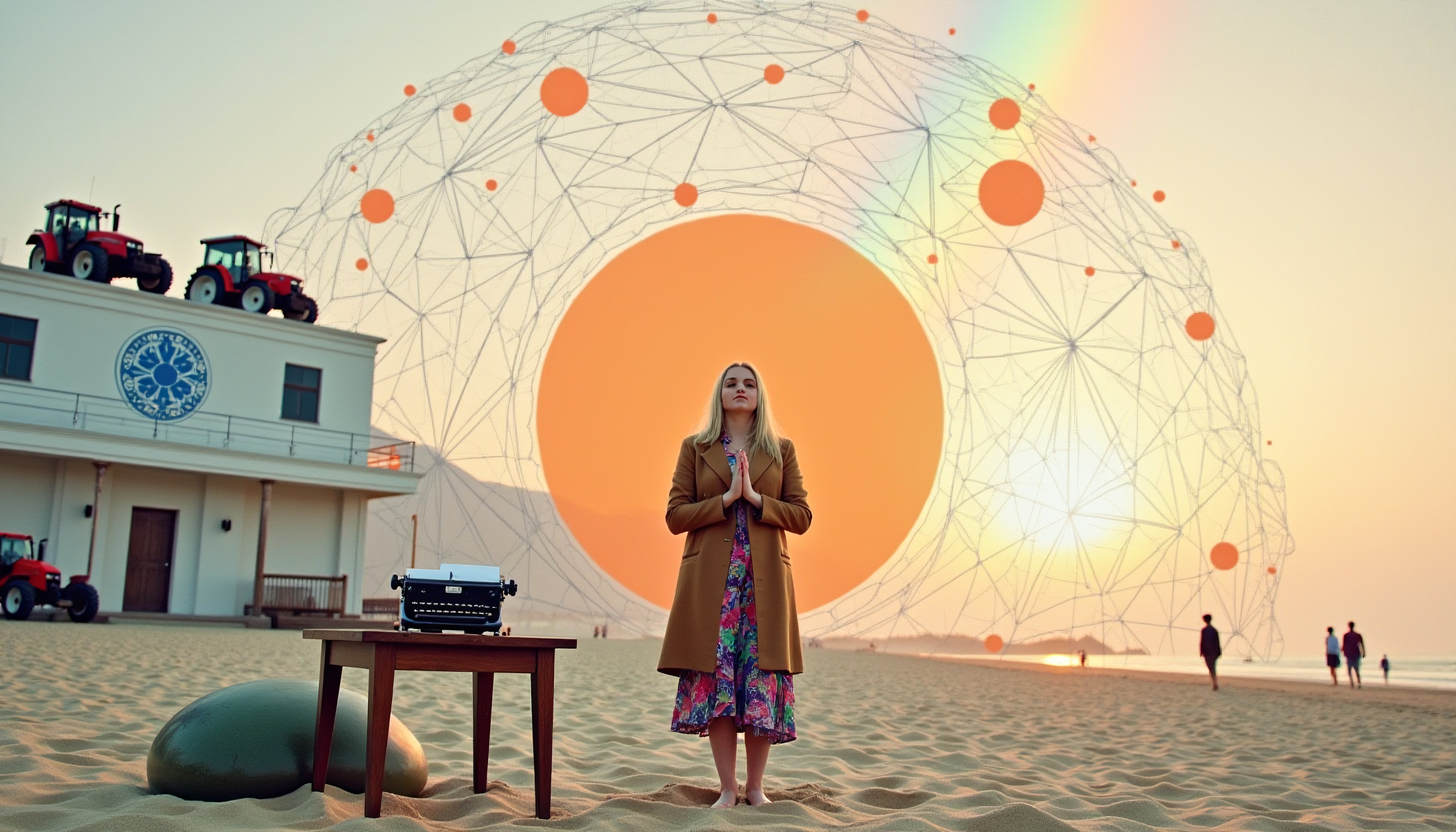 Woman in Prayer Pose on Beach with Geometric Dome and Sunset