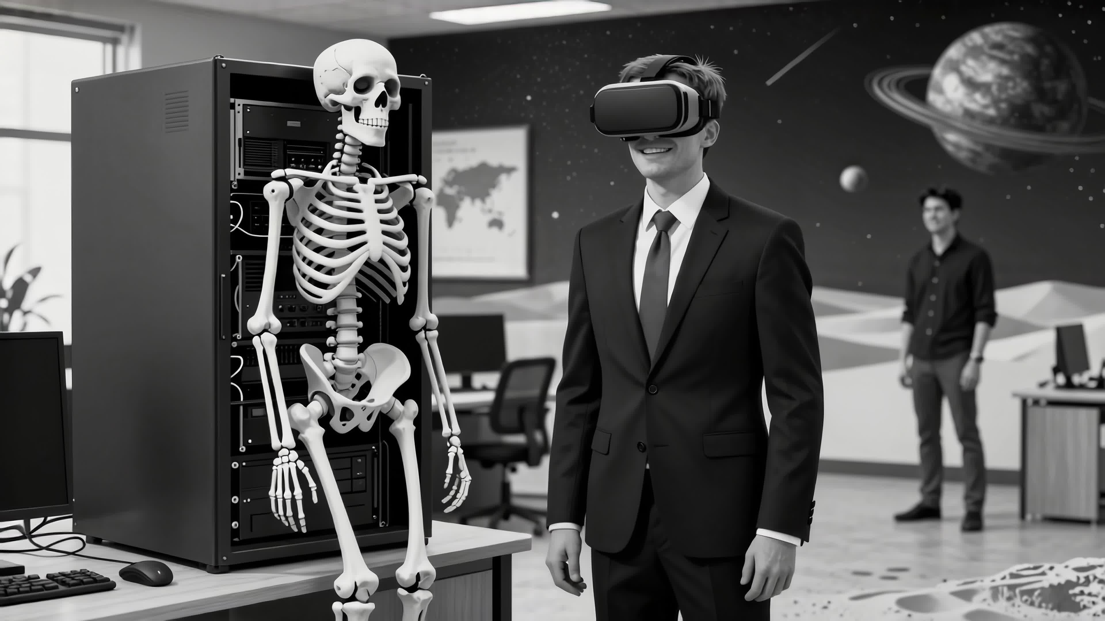 4K Video - Man wearing VR headset next to skeleton in futuristic office surrounded by celestial bodies.