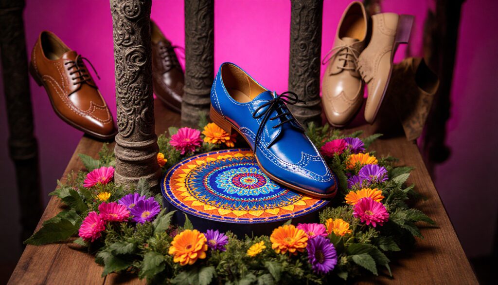 Vibrant Blue Dress Shoe Display with Floral Mandala