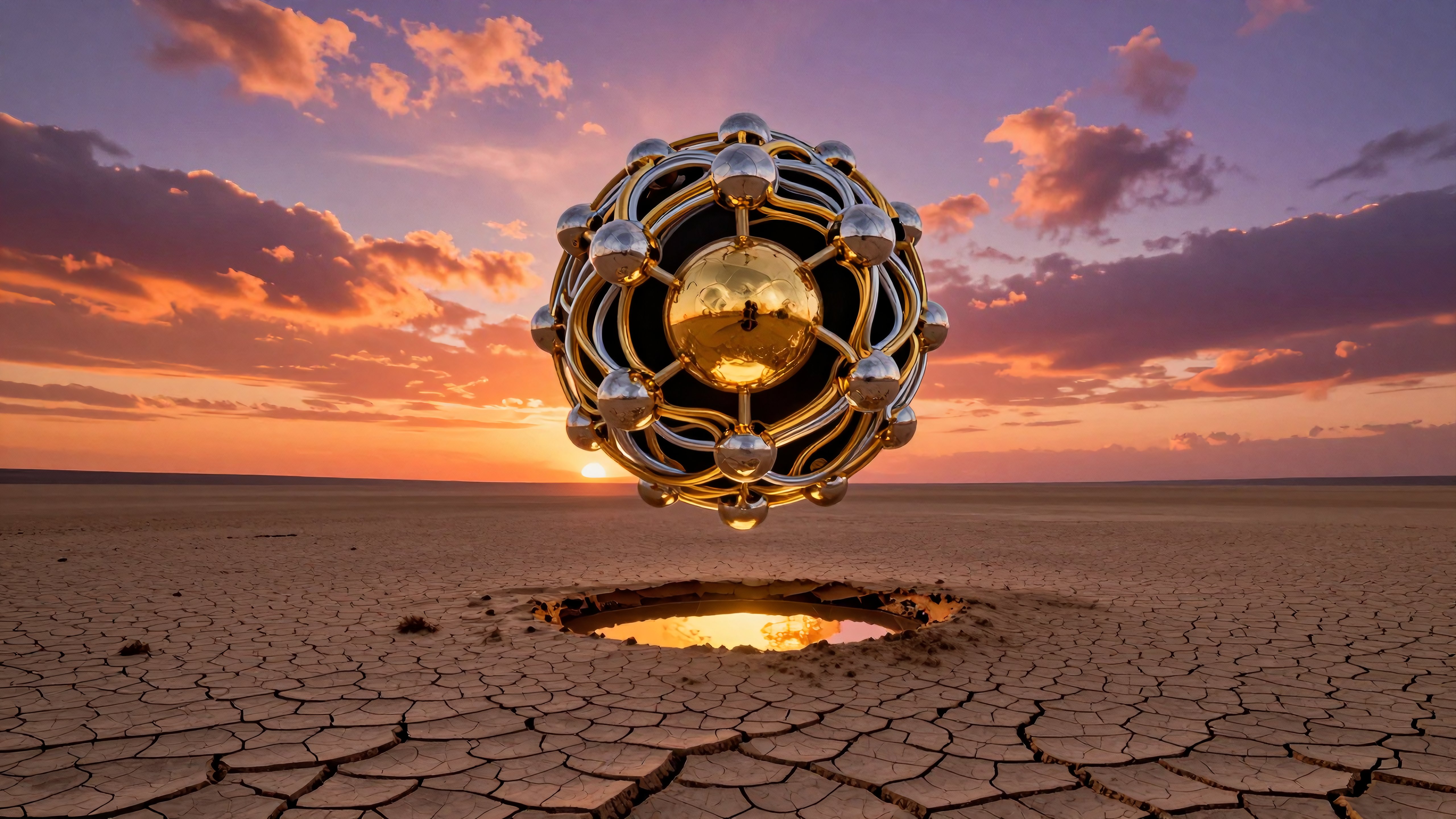 Golden Atomic Structure Over Cracked Desert at Sunset