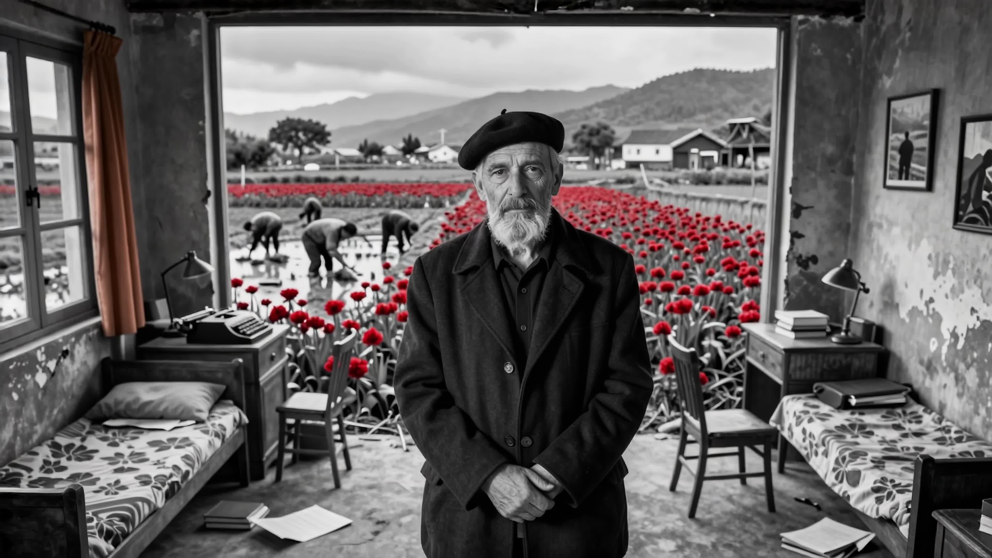 4K Video - Elderly veteran inside rustic farmhouse overlooking blooming red poppy fields during peaceful countryside moment.