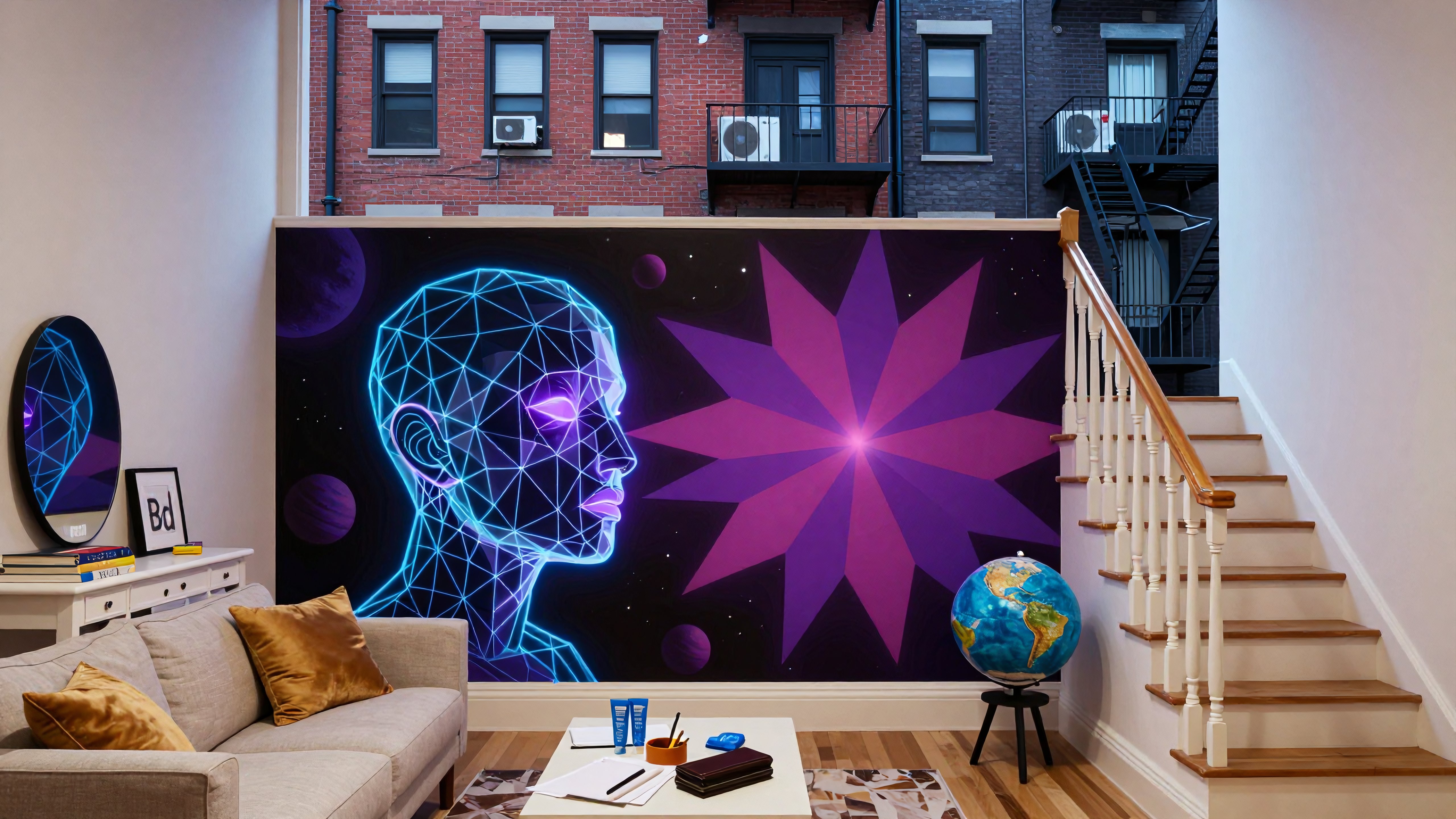 Modern living room with geometric wall mural and urban backdrop