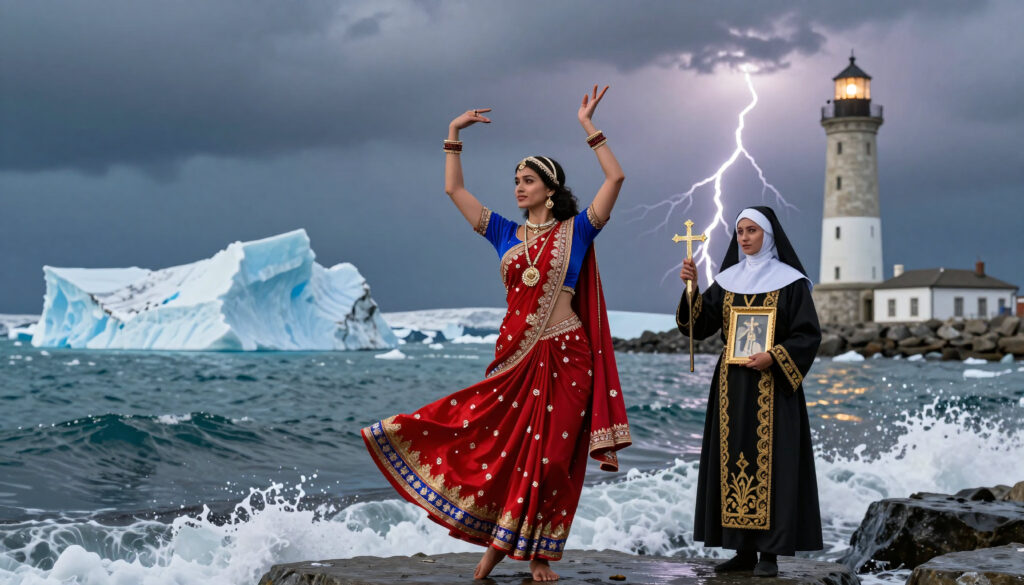 Cultural Clash: Dancer and Nun by Stormy Lighthouse
