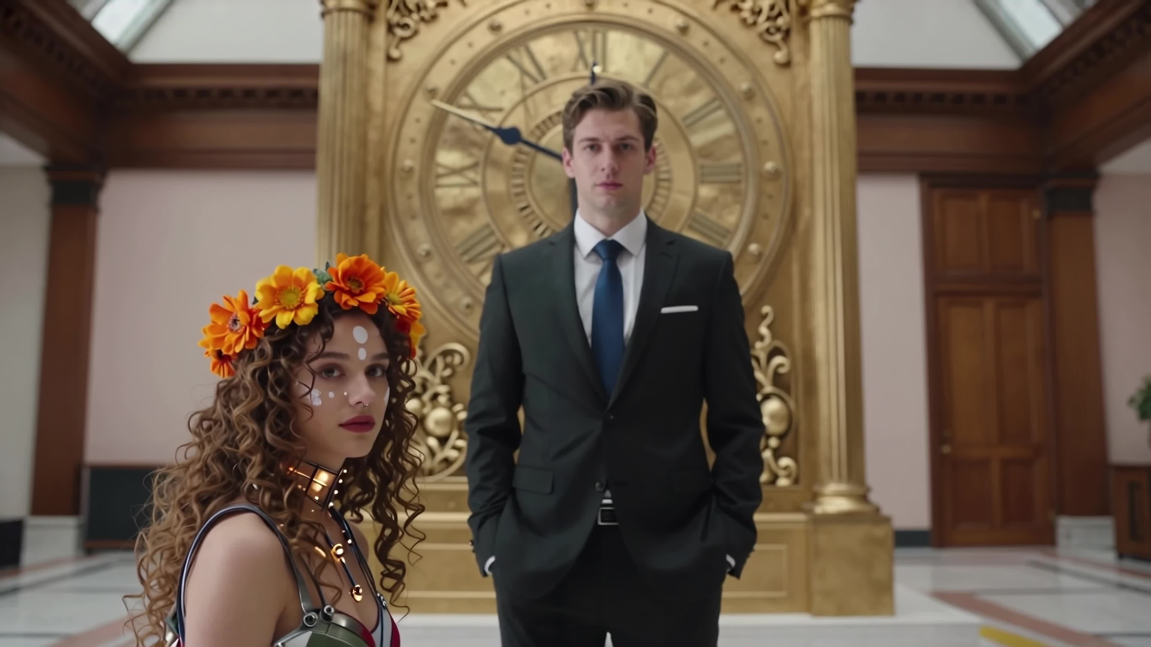 4K Video - Elegant woman wearing flower crown beside suited man under majestic golden clock in luxurious interior.
