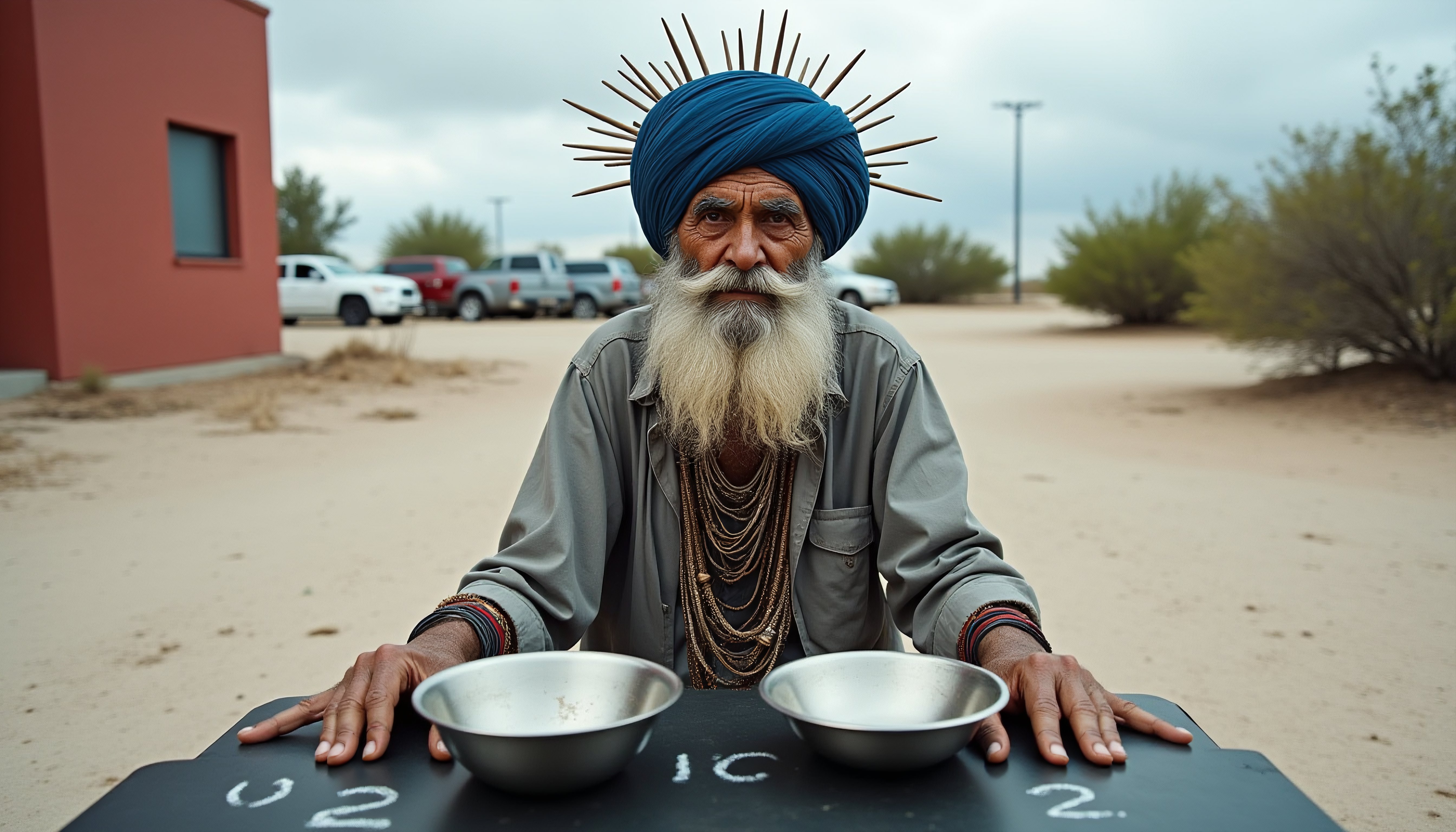 Man with Spiked Turban and Metal Bowls at Outdoor Table