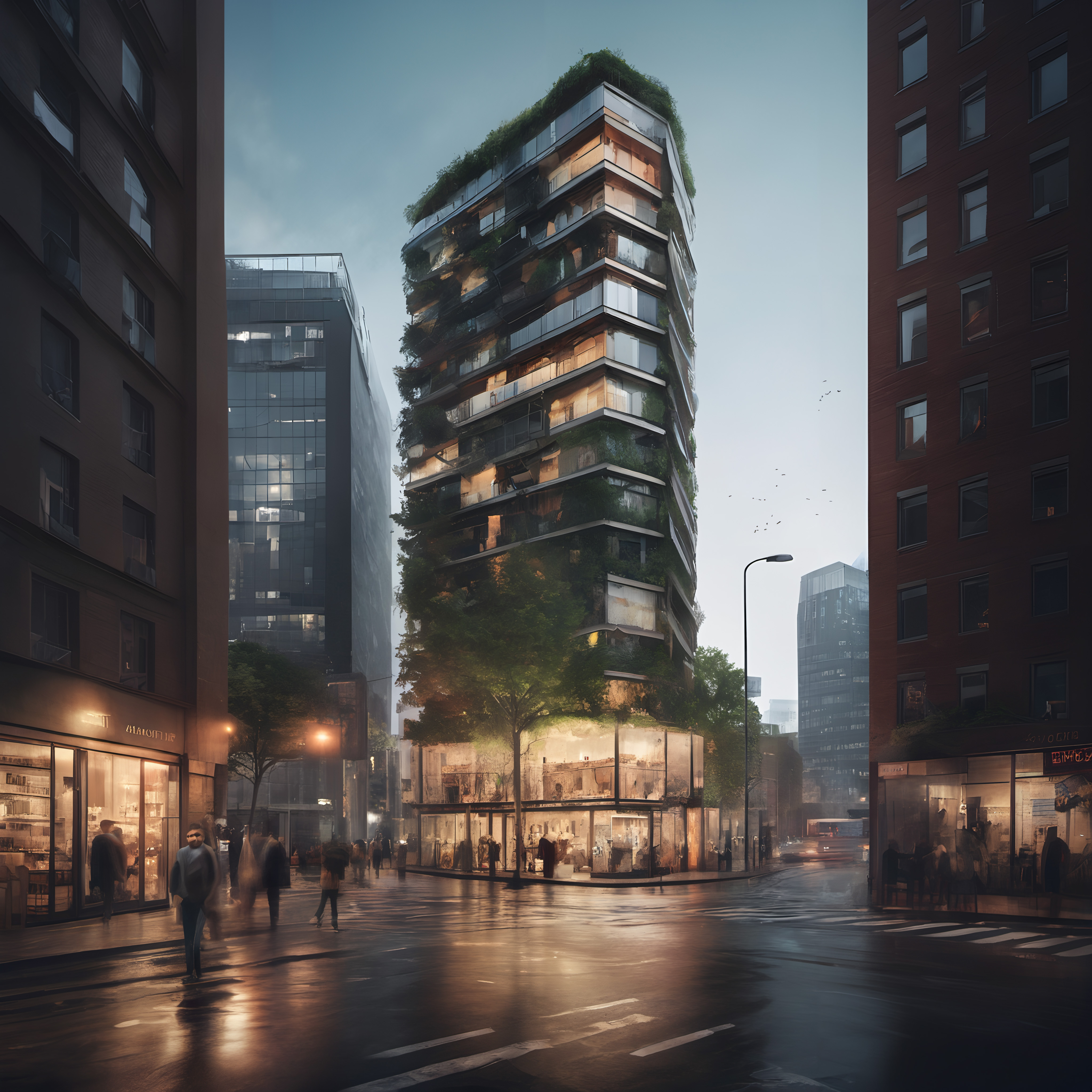 Urban Green Skyscraper with Vertical Gardens in Dusk Cityscape
