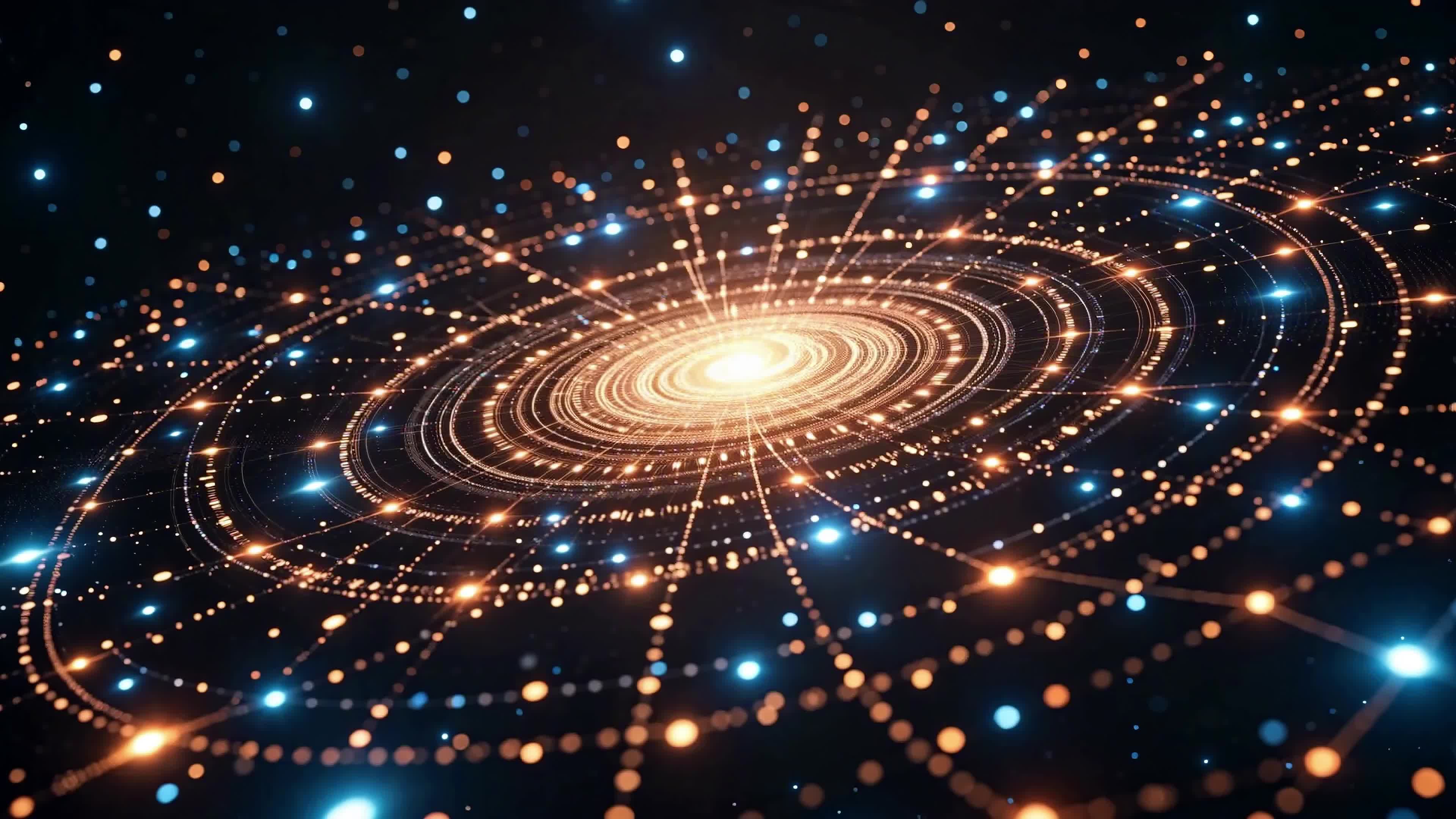 4K Video - Glowing spiral galaxy animation with cosmic particles swirling against deep black space backdrop.