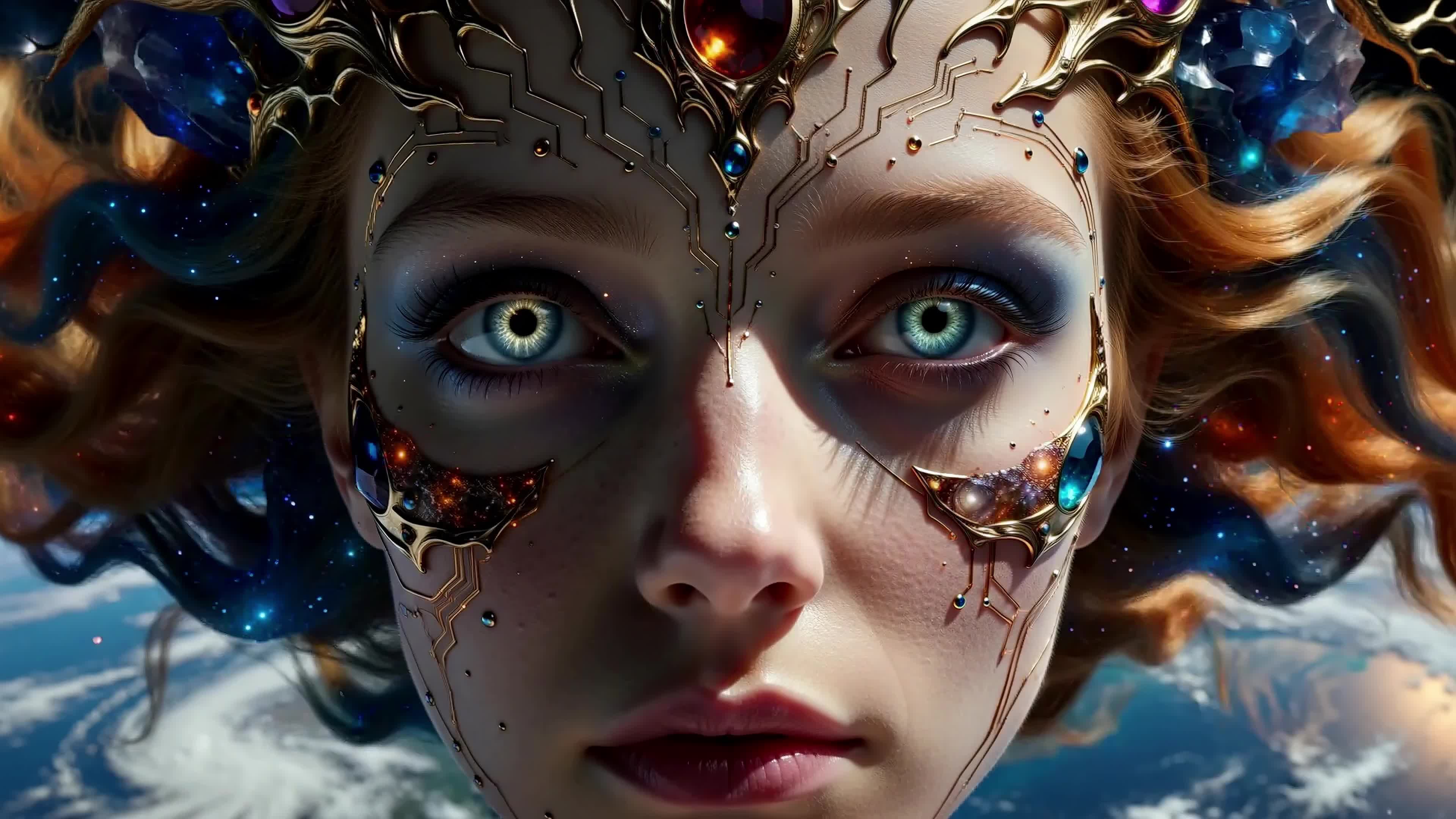 4K Video - Cosmic goddess adorned with circuits and jewels amidst exploding stars and drifting planets—mythic future vision blending spirituality, technology, and universal energy.
