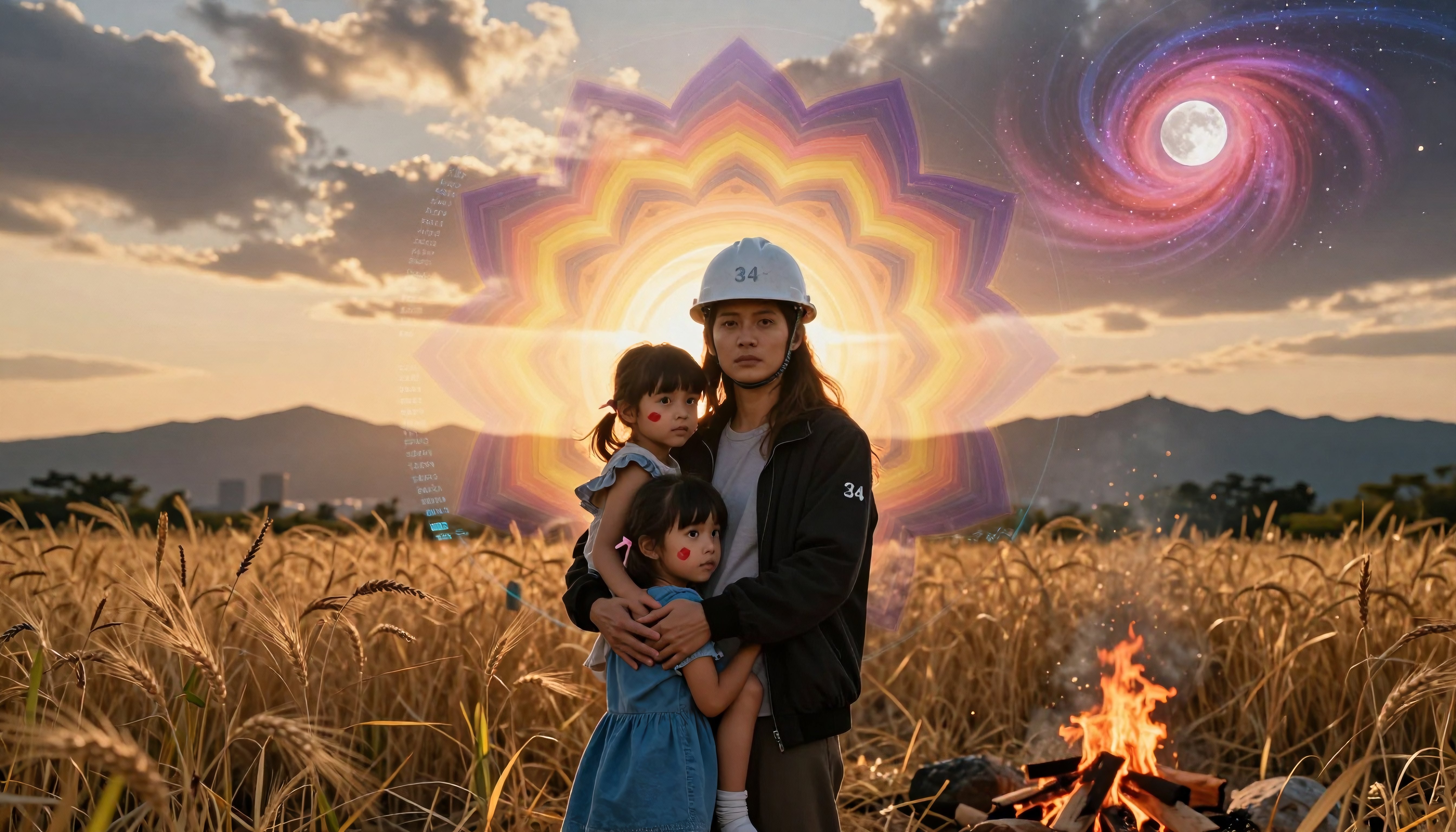 Mystical Family in Golden Wheat Field with Cosmic Mandala and Campfire