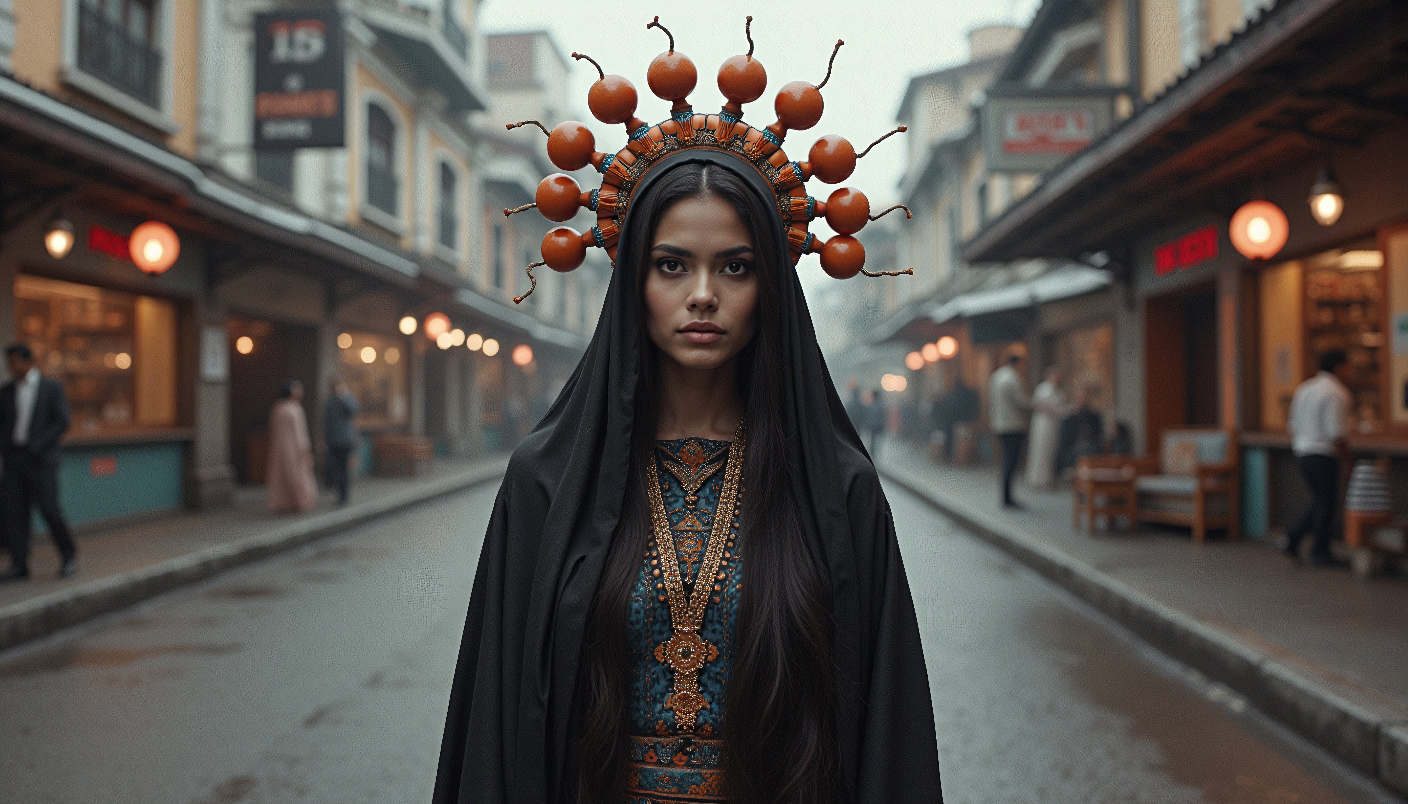 Mystical Woman in Ornate Headdress on Historic Street