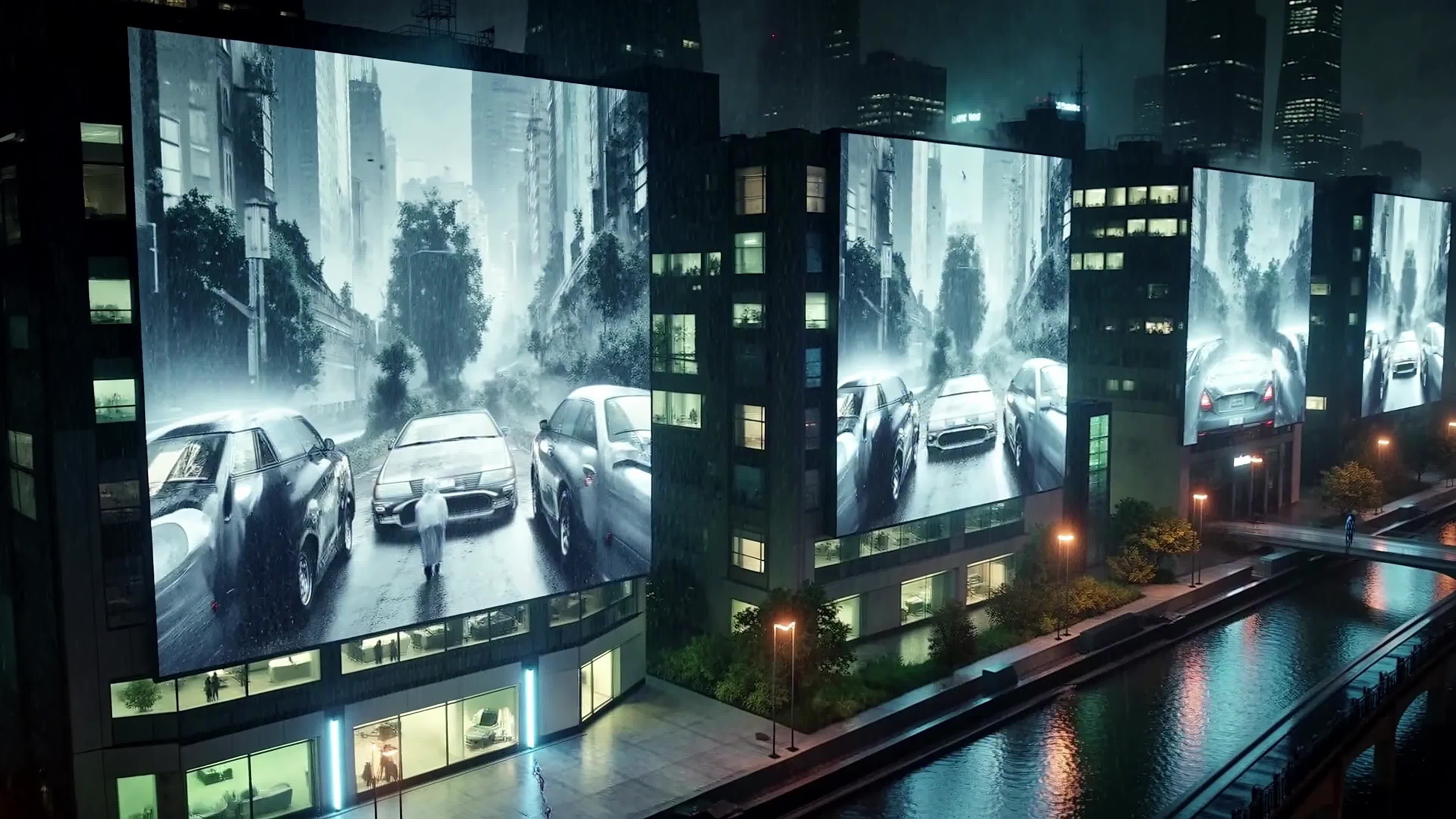 4K Video - Neon-drenched rainy night scene featuring giant holographic car advertisements on skyscraper facades amid futuristic urban landscape.