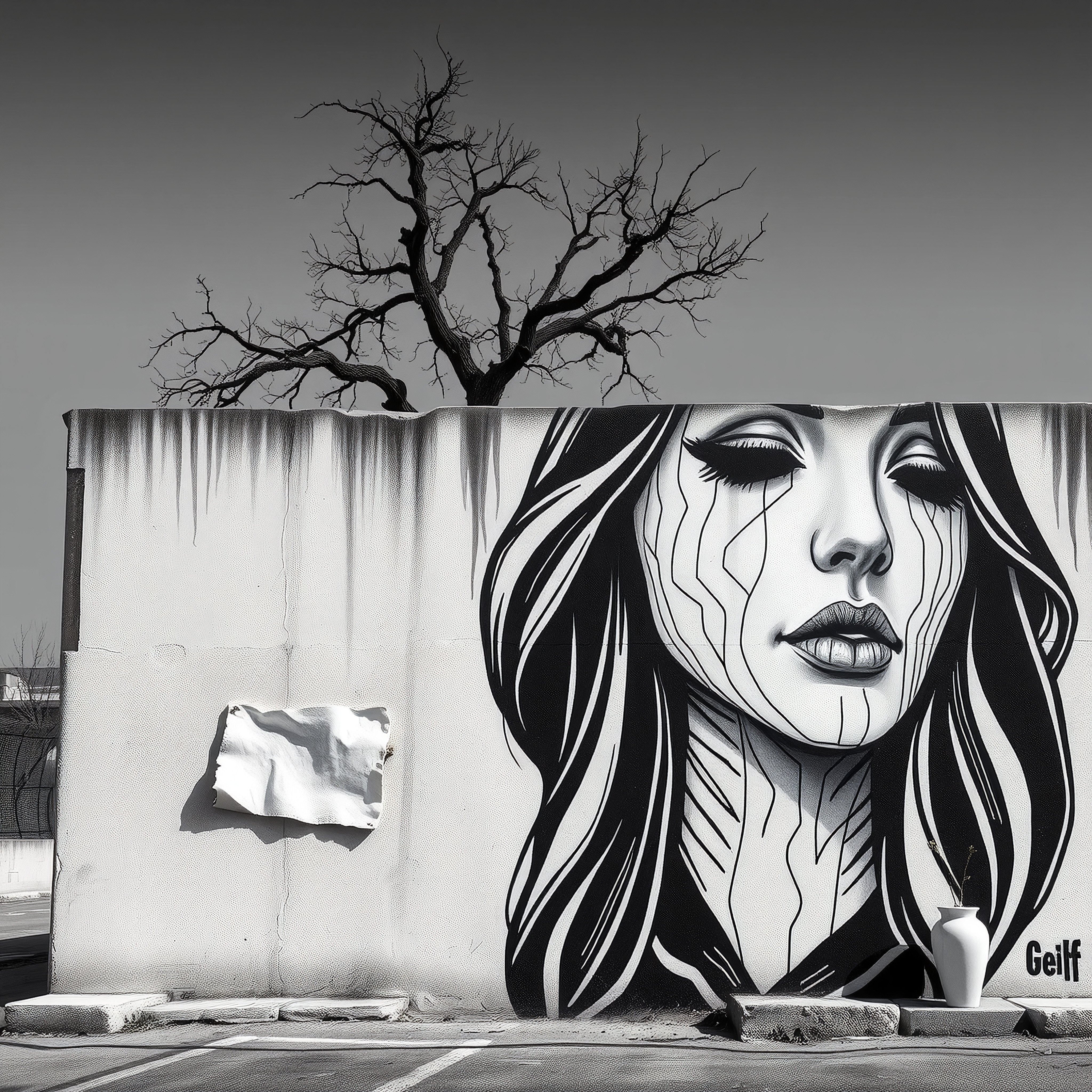 Monochrome Street Art Portrait with Bare Tree and Minimalist Vase