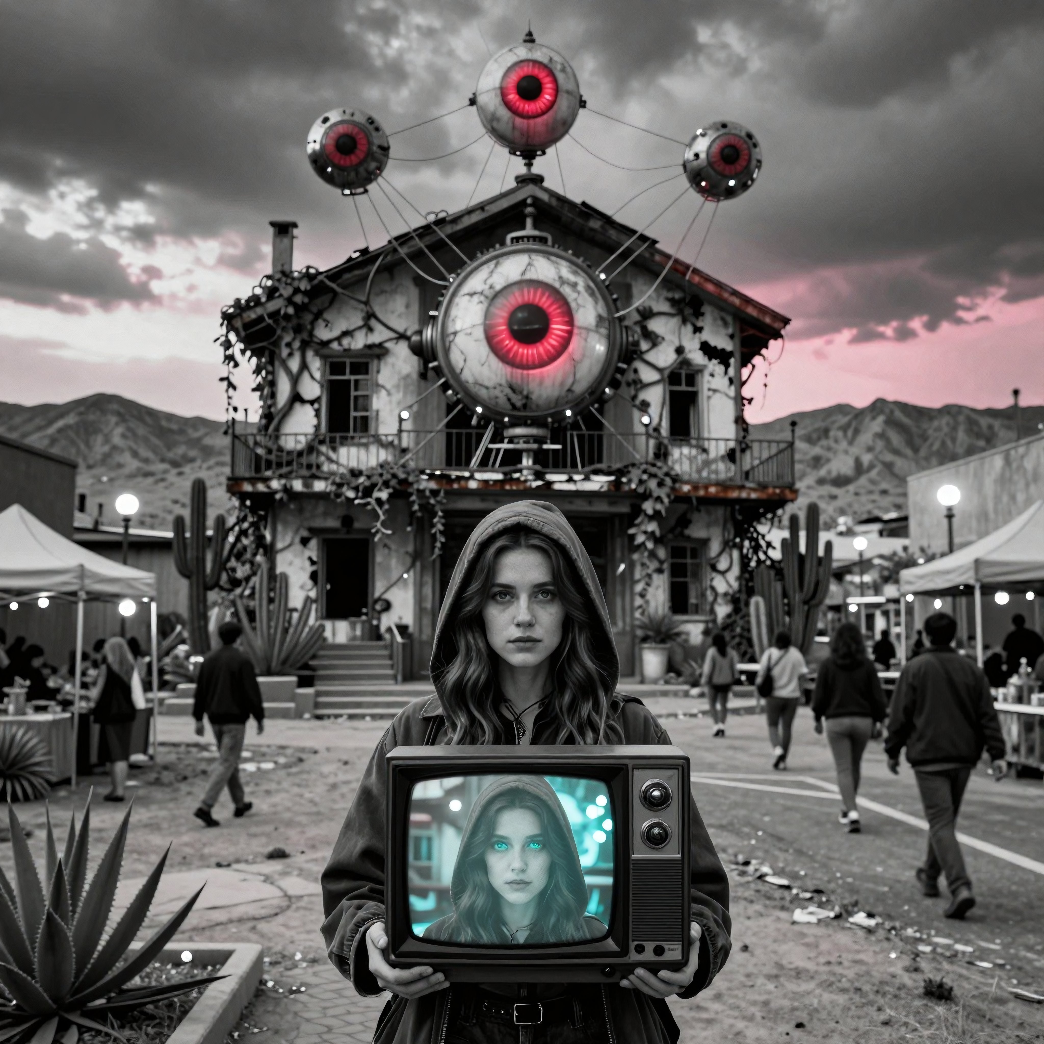 Surreal Sci-Fi Scene with Giant Eyes and Hooded Figure Holding Retro TV